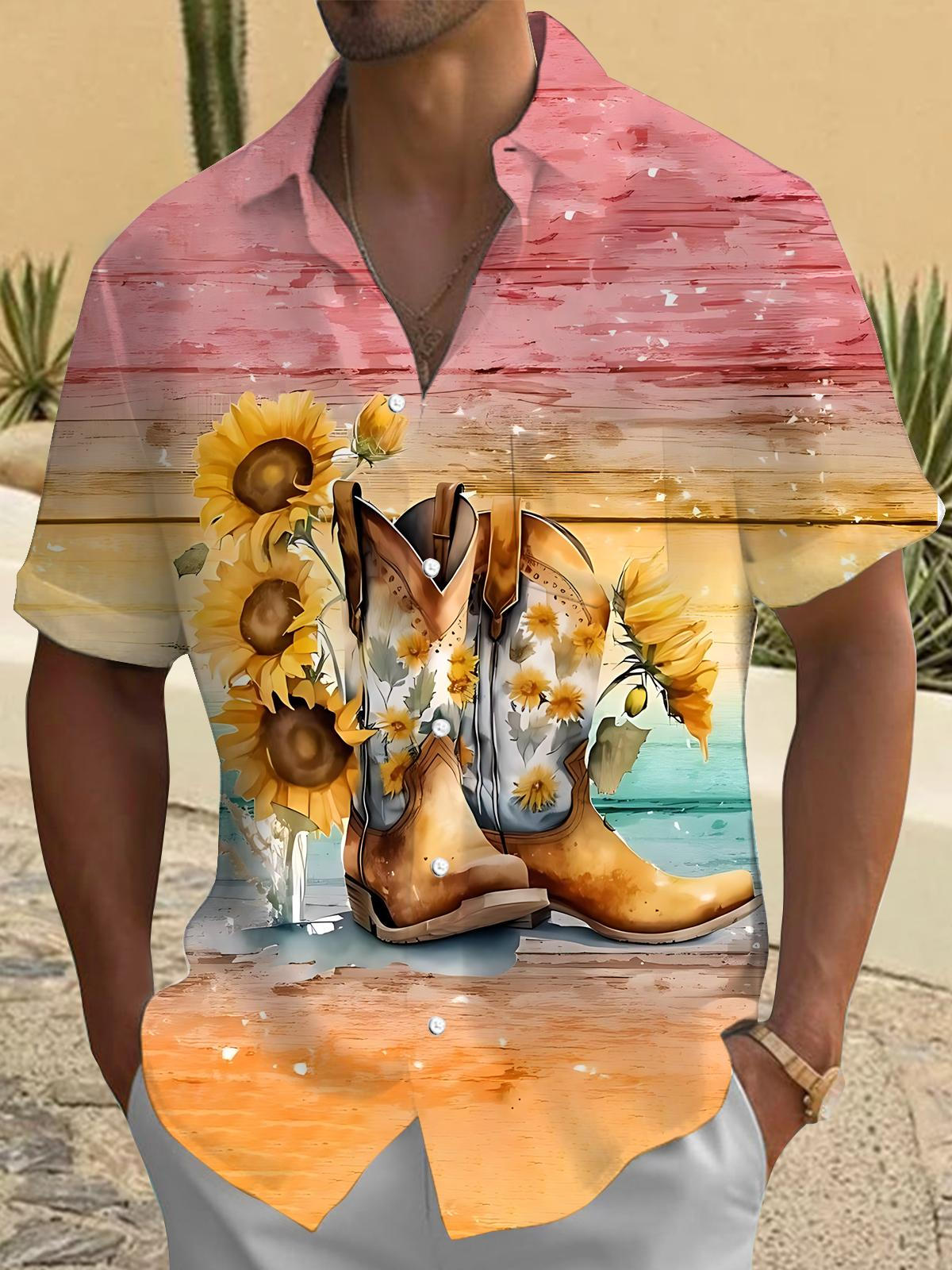 Sunflower Western Boot Print Men's Pocket Short Sleeve Shirts