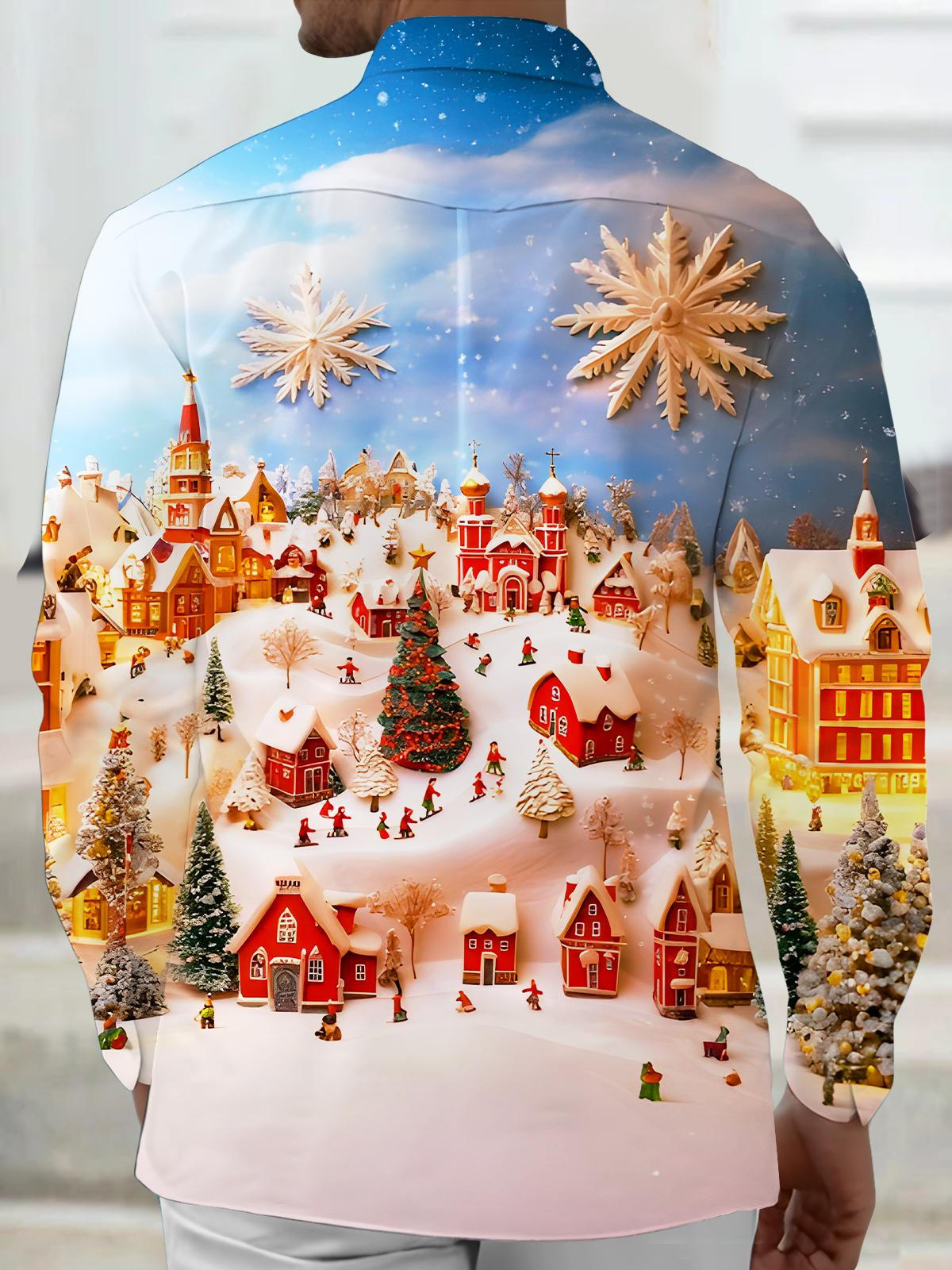 Winter Snow Holiday Light Village Men's Pocket Long Sleeve Shirts