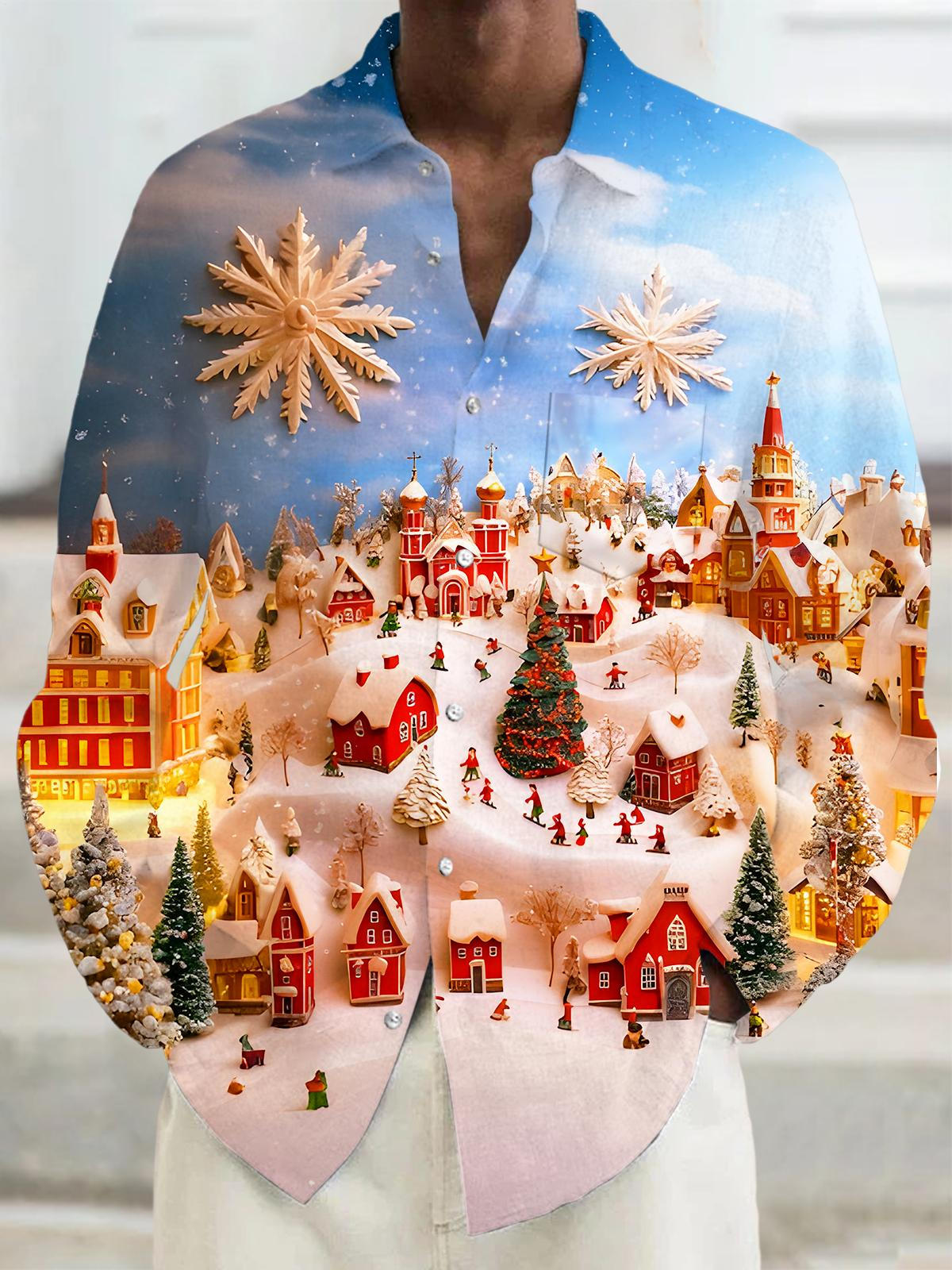 Winter Snow Holiday Light Village Men's Pocket Long Sleeve Shirts