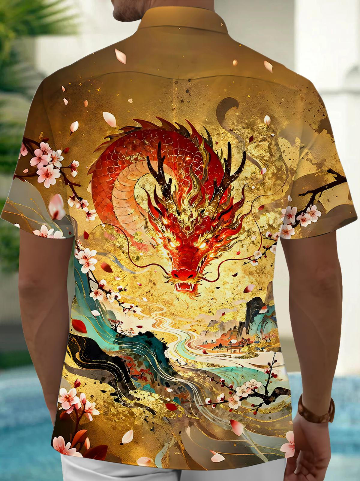 Dragon Floral Men's Pocket Short Sleeve Shirts