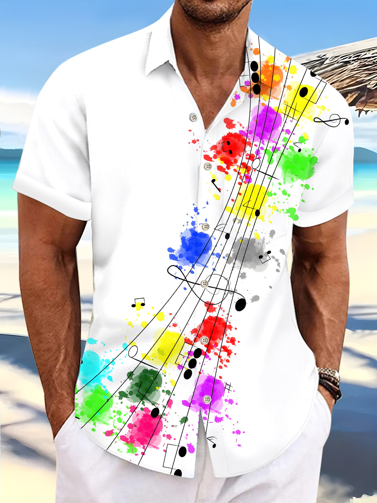 Note Print Men's Pocket Short Sleeve Shirts