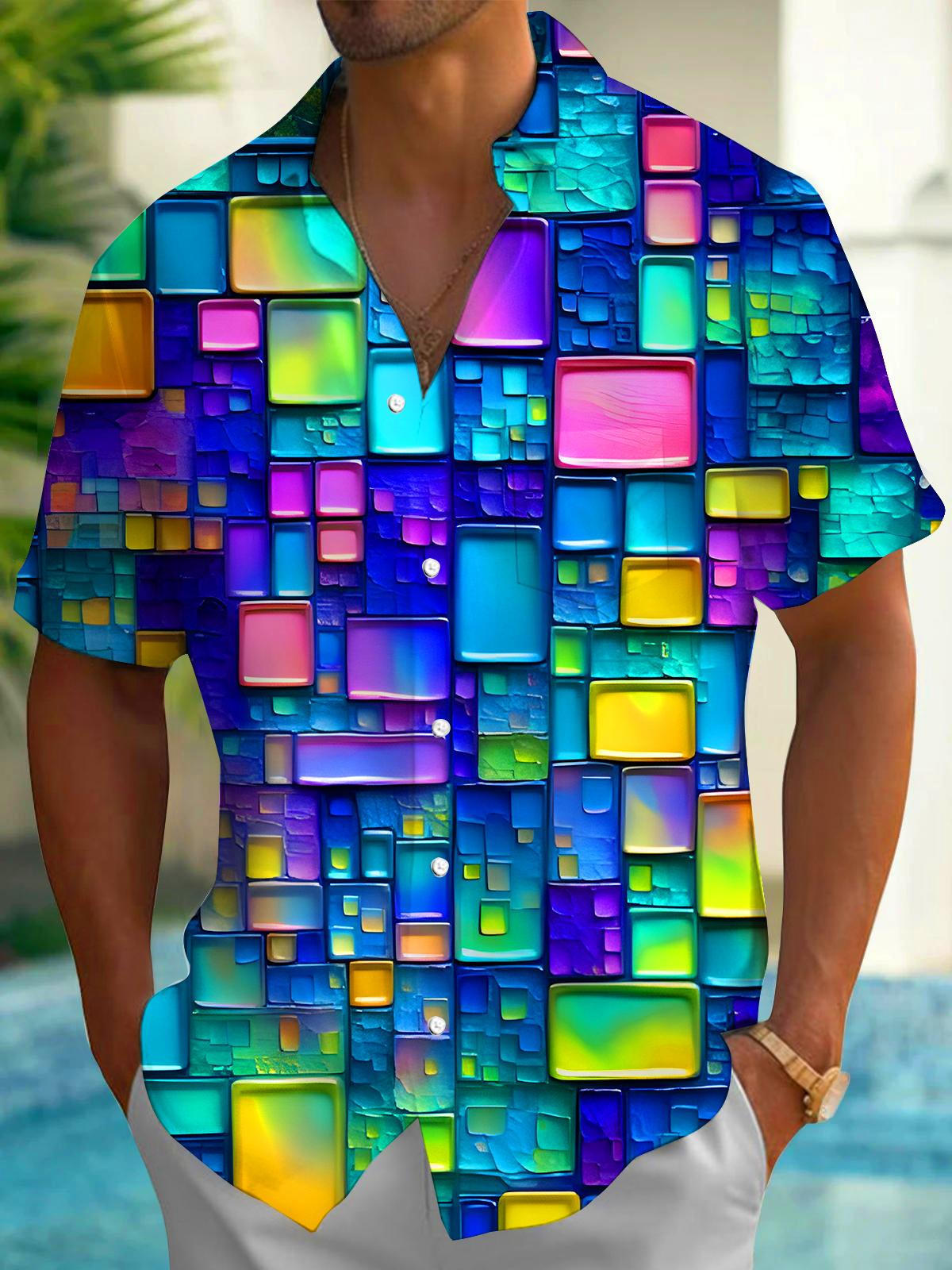 Color Block Geometry Men's Pocket Short Sleeve Shirts
