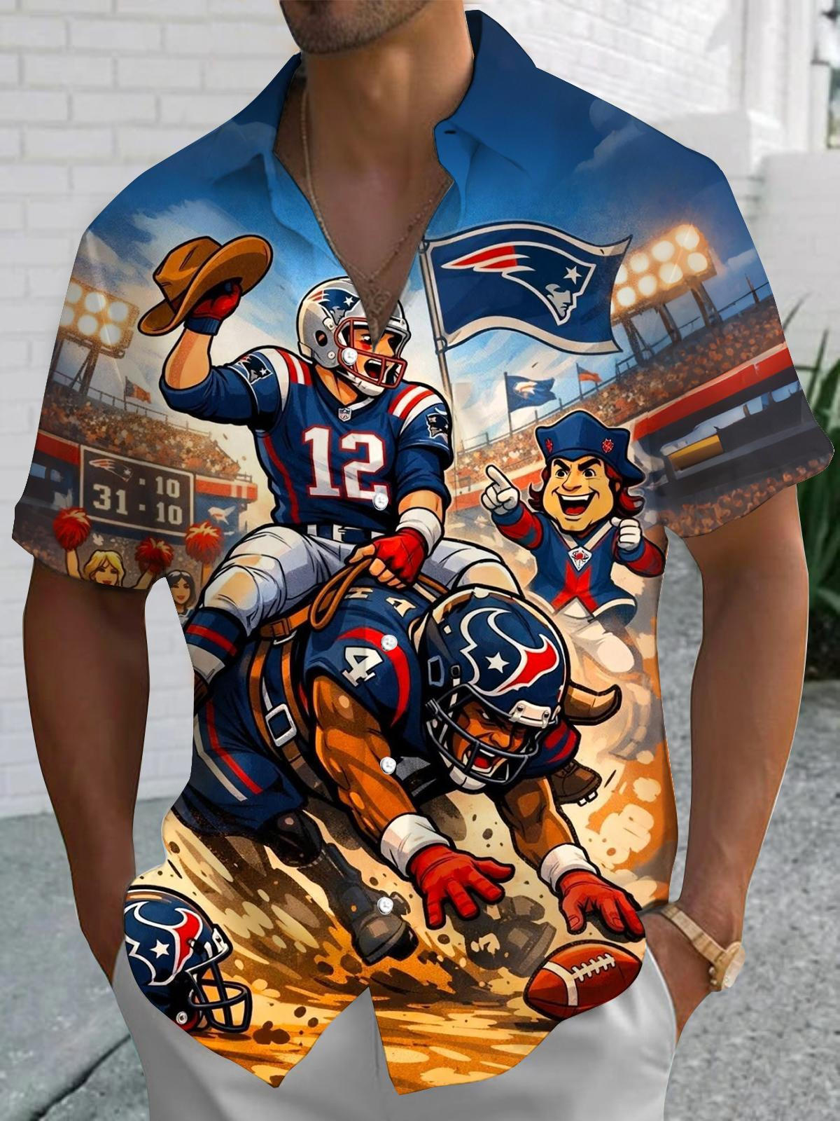 Football Player Print Men's Pocket Short Sleeve Shirts