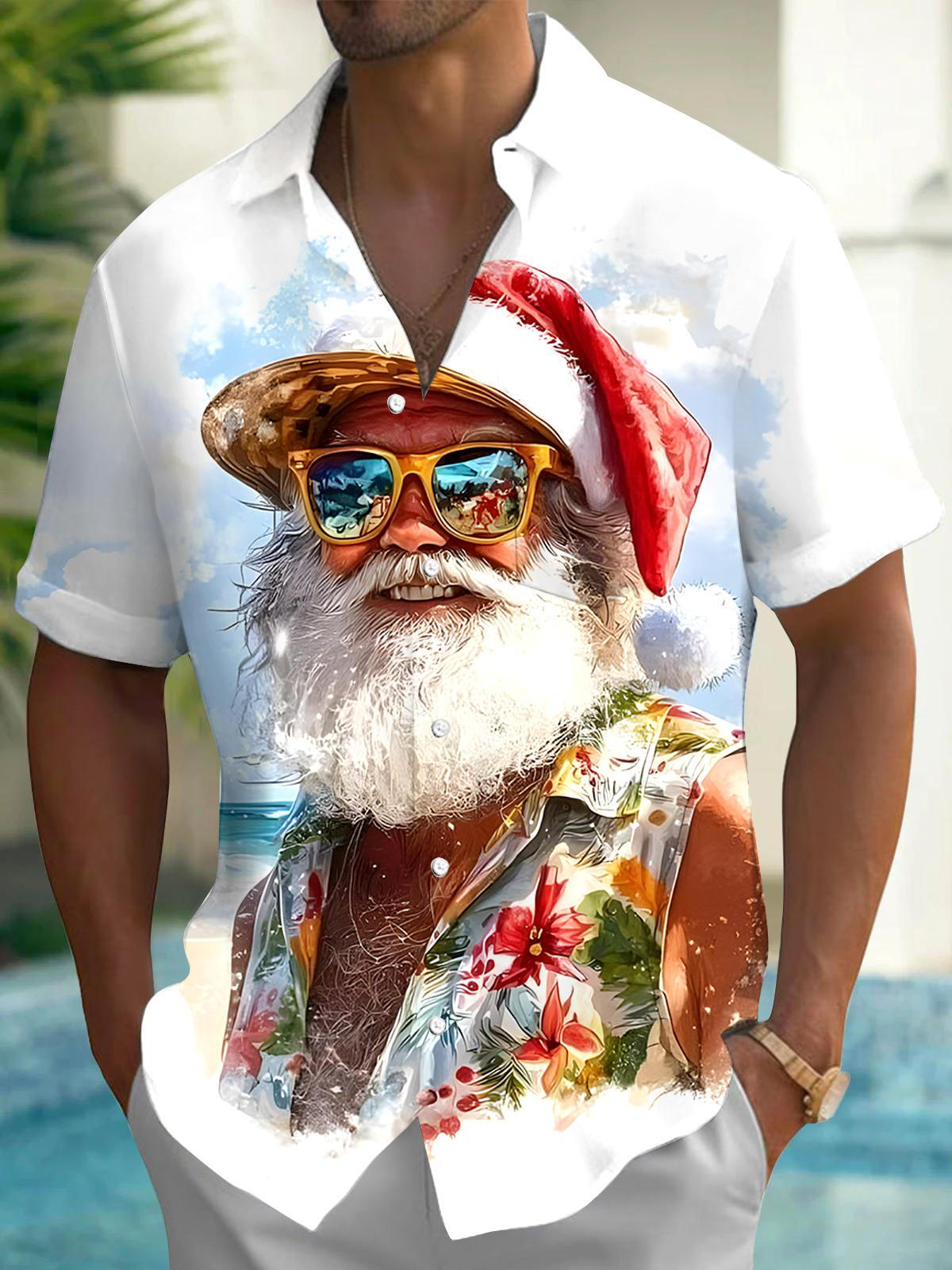Hawaiian Santa Claus Men's Pocket Short Sleeve Shirts