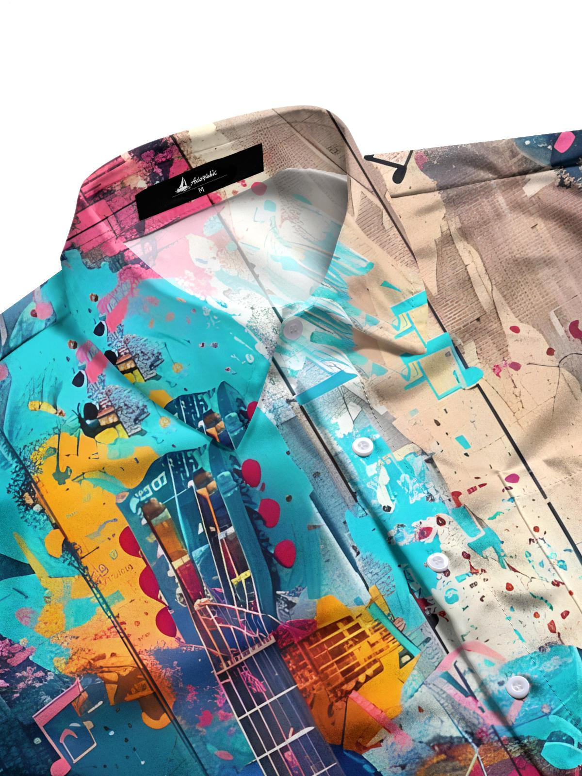 Guitar Oil Painting Print Men's Pocket Short Sleeve Shirts