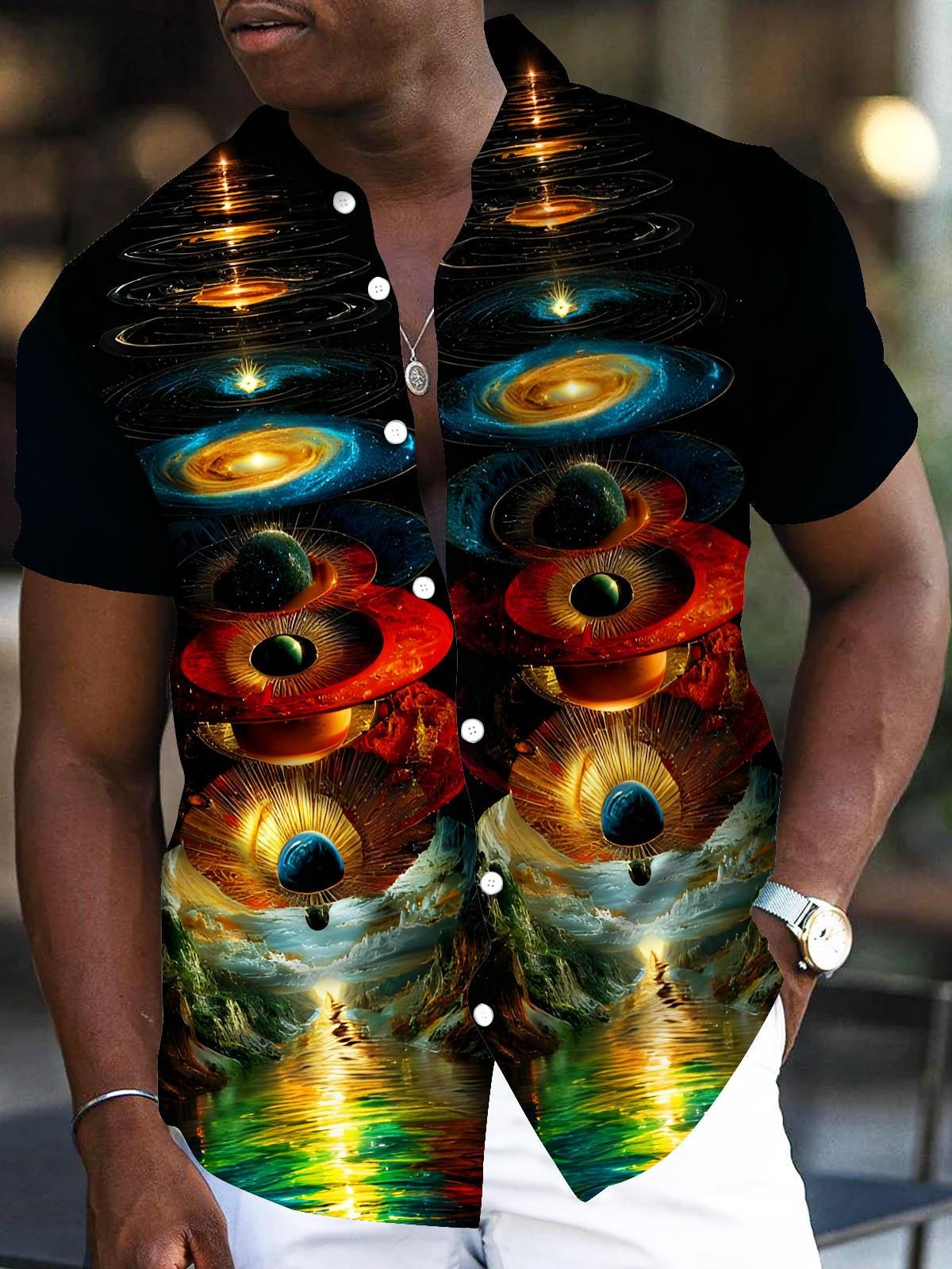 Psychedelic Star Planet Men's Pocket Short Sleeve Shirts
