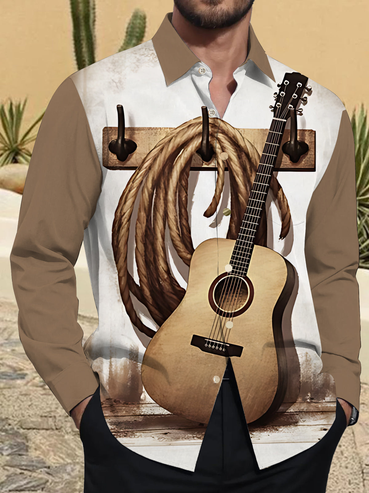 Guitar Print Men's Pocket Long Sleeve Shirts