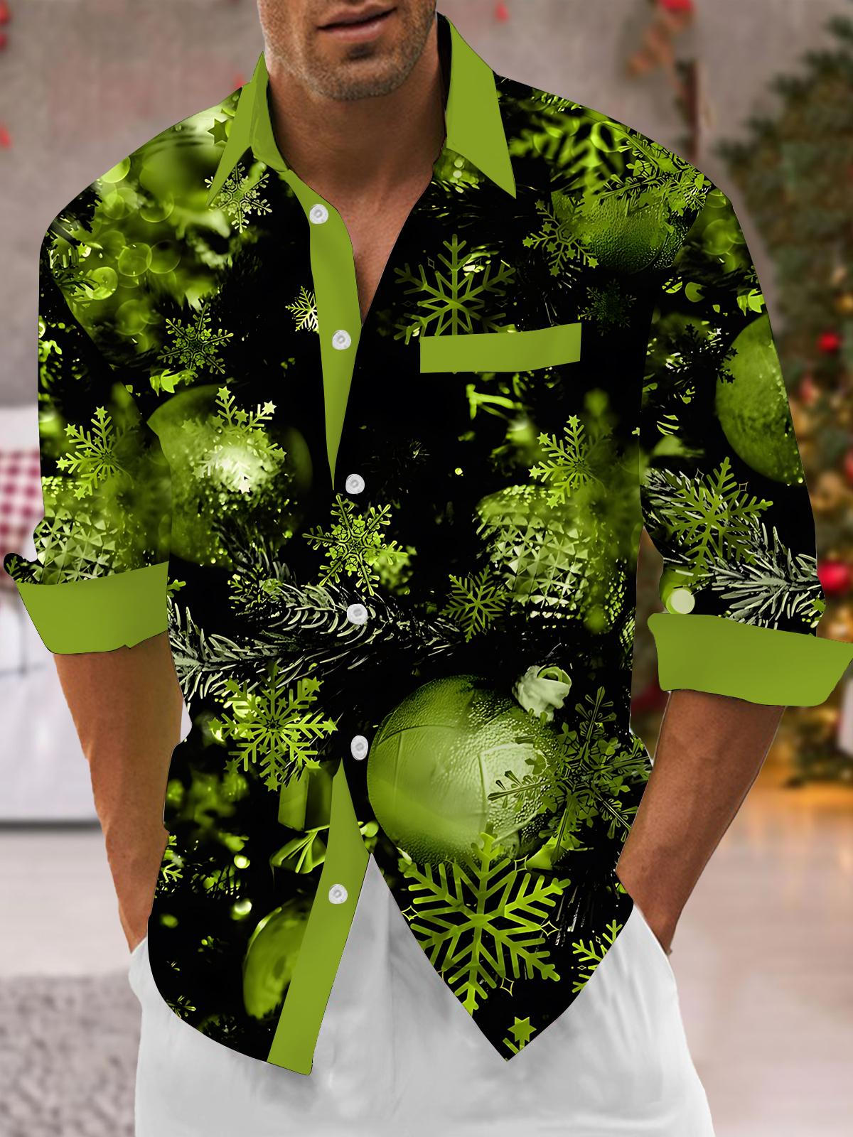 Christmas Print Men's Pocket Long Sleeve Shirts