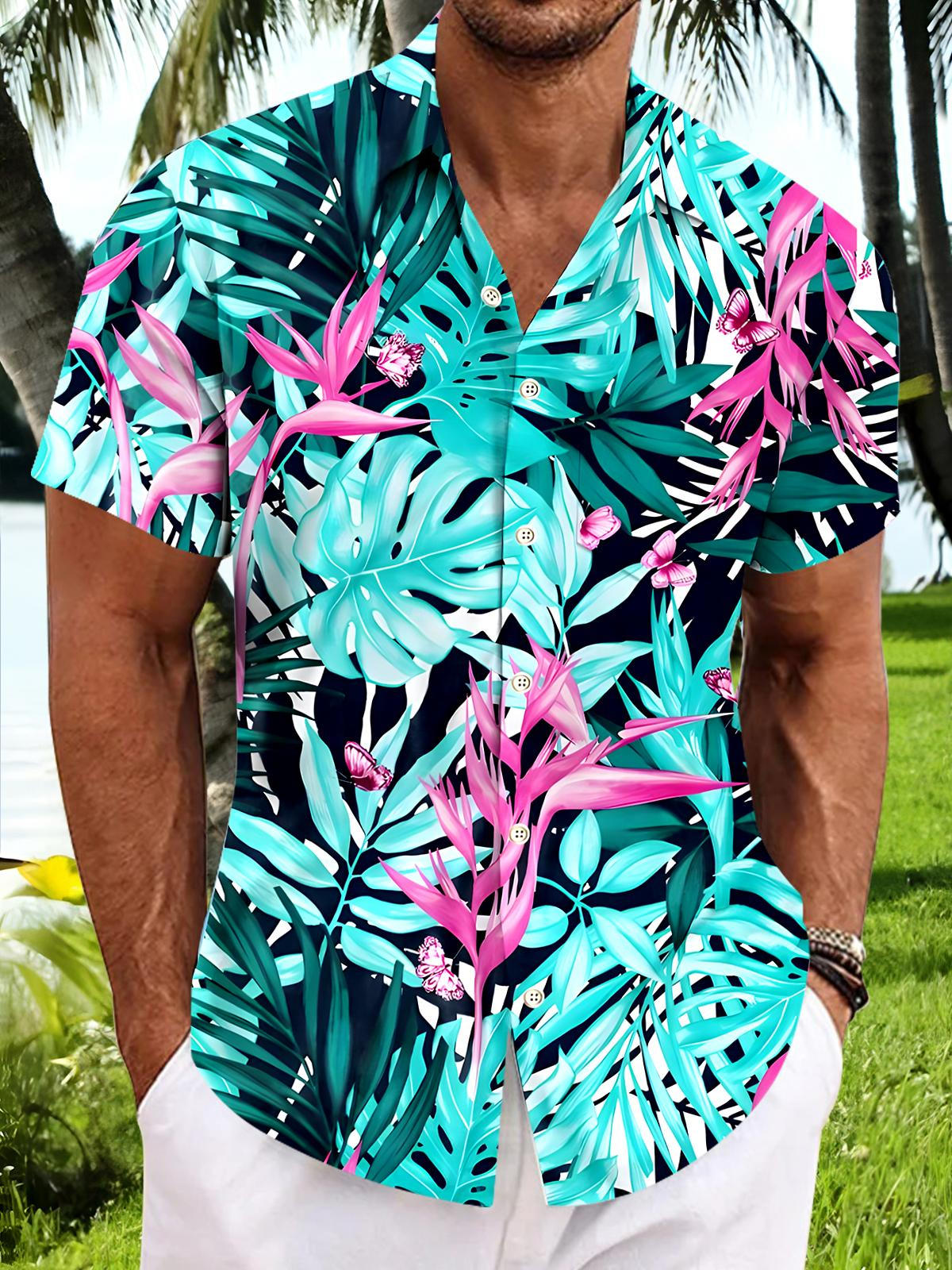 Hawaiian Leaf Flamingo Floral Men's Pocket Short Sleeve Shirts