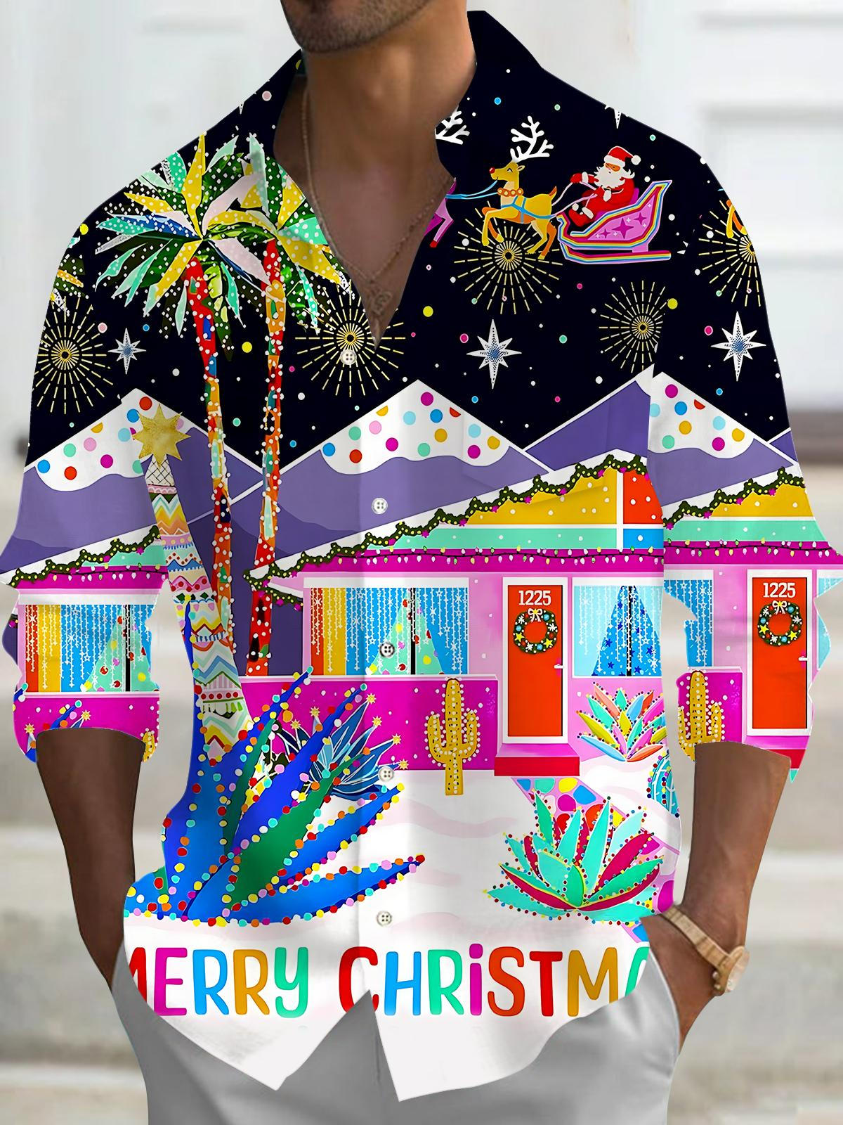 Christmas Print Men's Pocket Long Sleeve Shirts