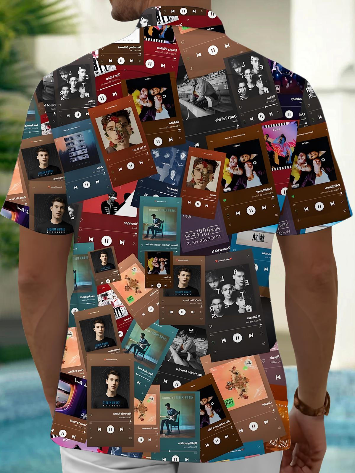 Music Print Men's Pocket Short Sleeve Shirts