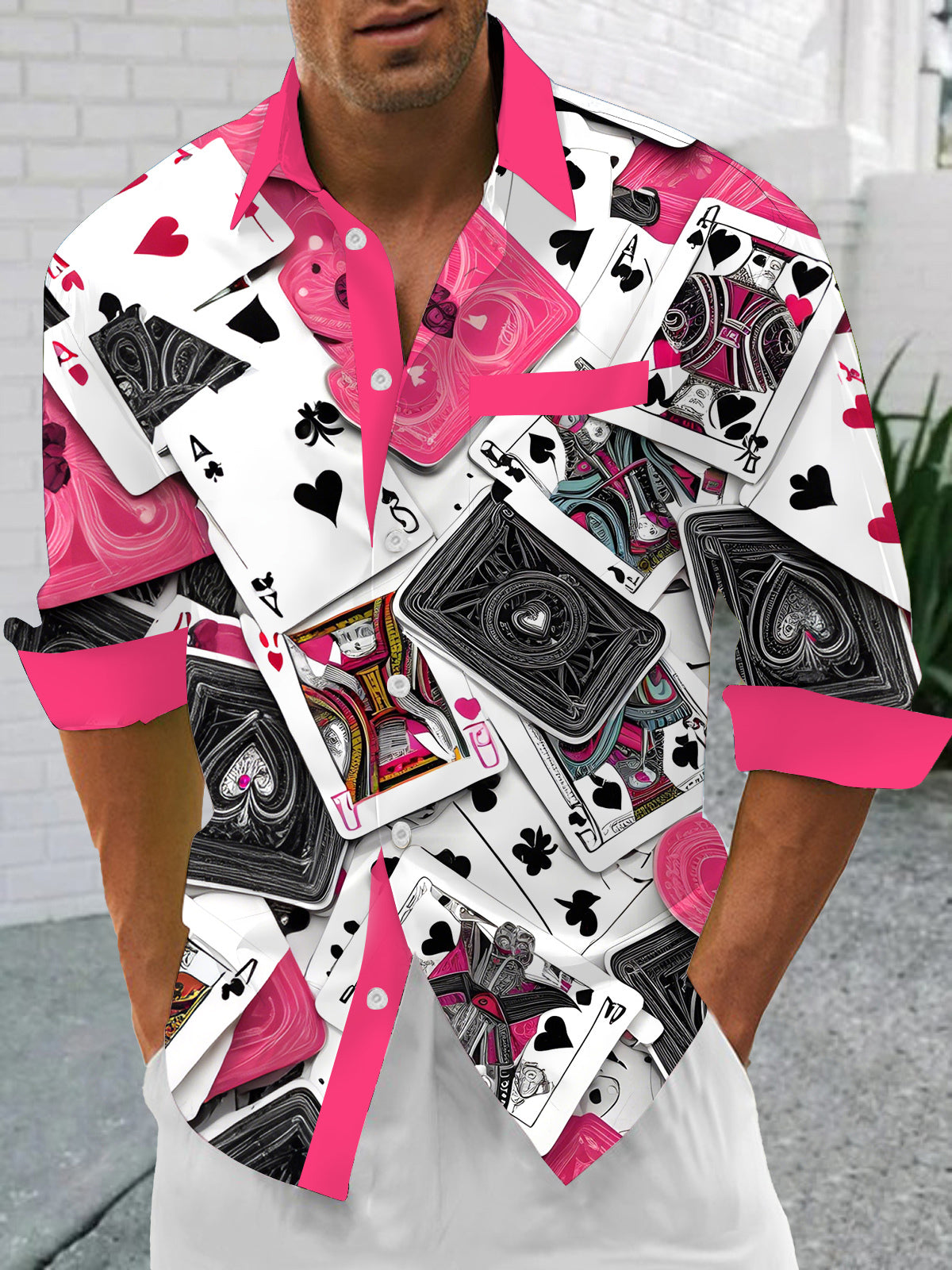 Poker Print Men's Pocket Long Sleeve Shirts