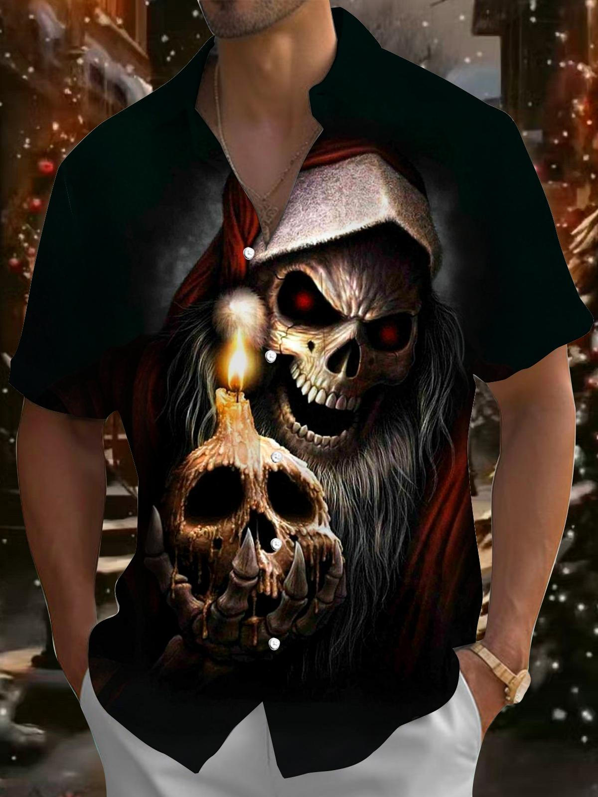 Christmas Skull Print Men's Pocket Short Sleeve Shirts