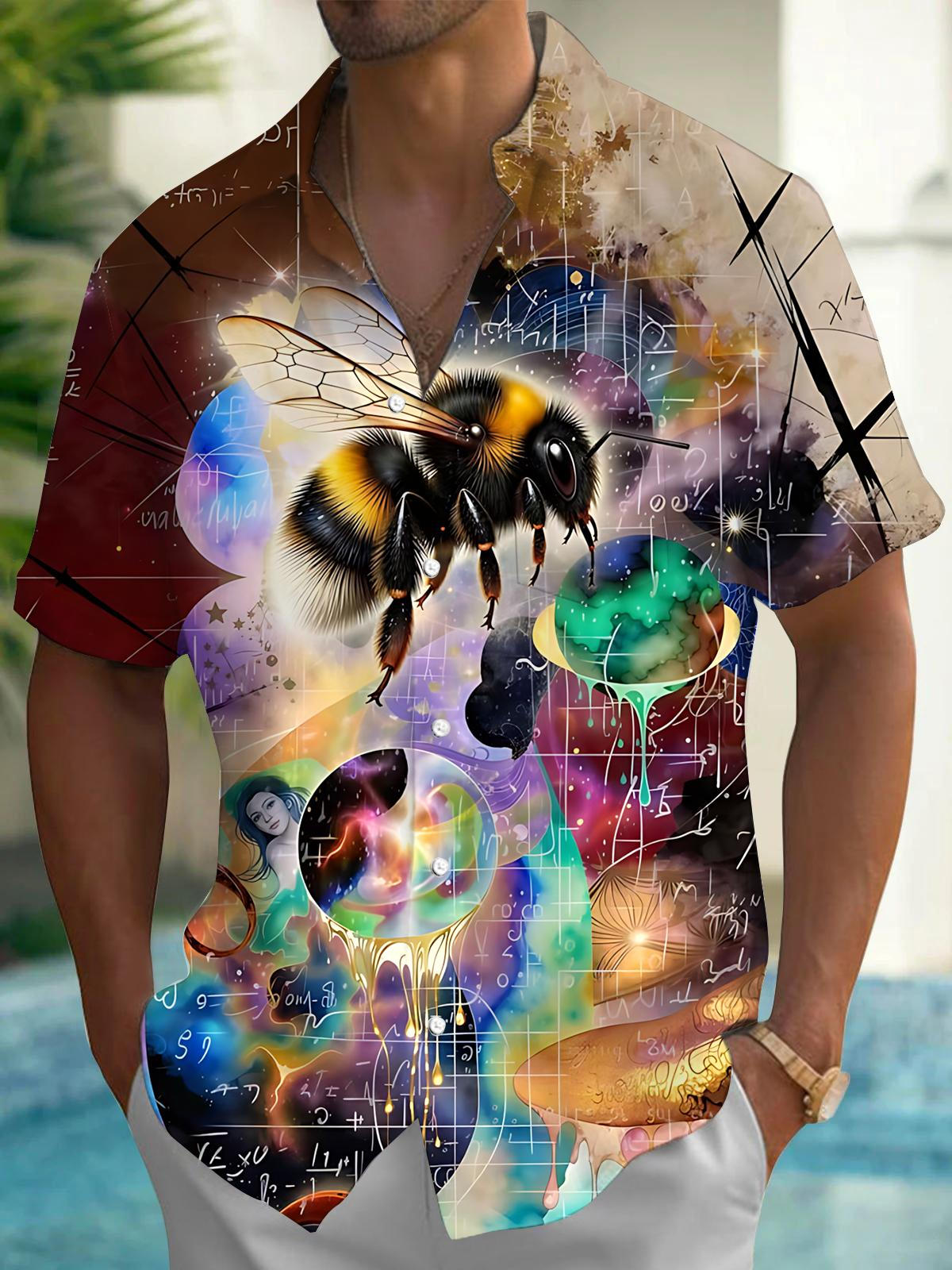 Bee Print Men's Pocket Short Sleeve Shirts