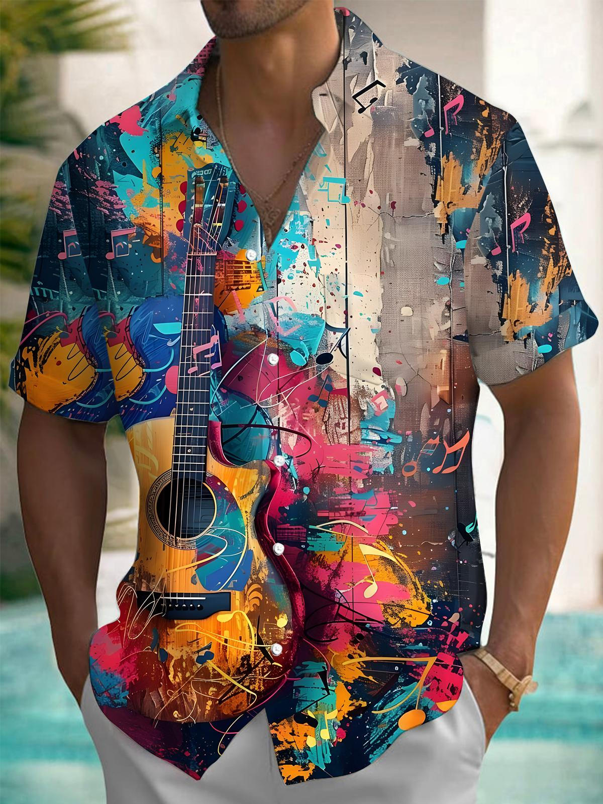 Guitar Oil Painting Print Men's Pocket Short Sleeve Shirts