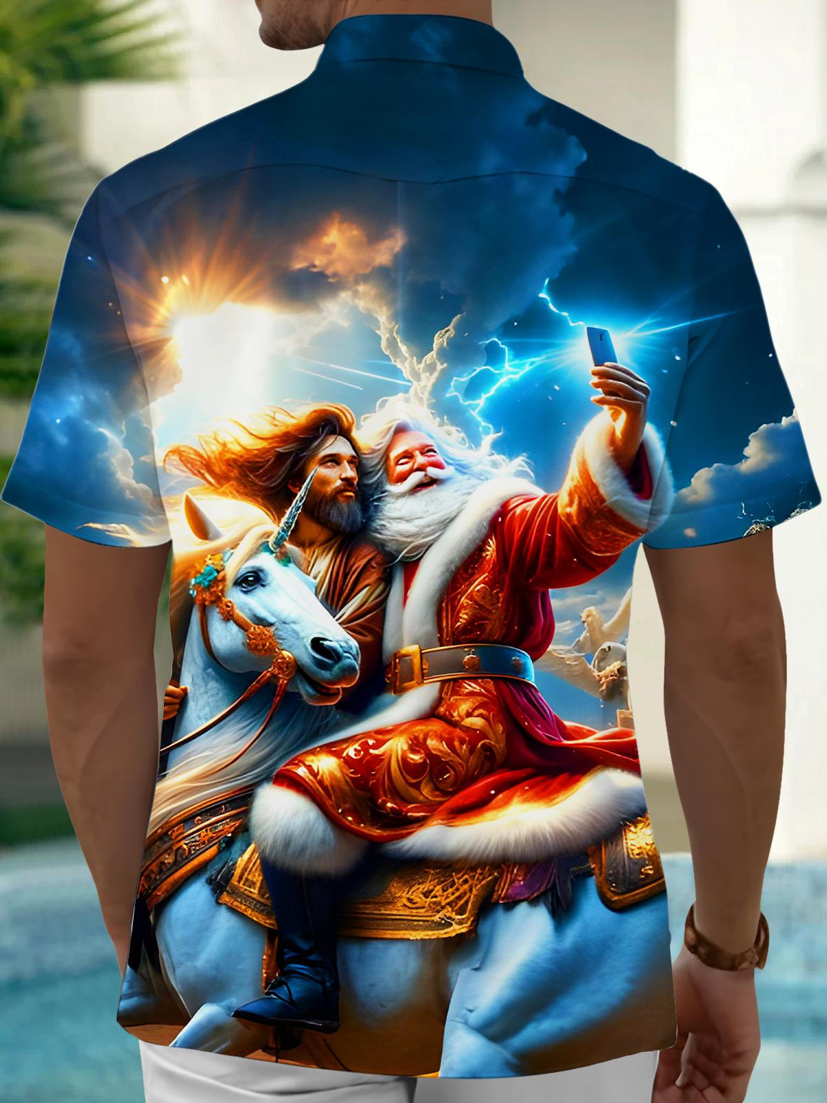 Fun Christmas Santa Claus Jesus Selfie Xmas Men's Pocket Short Sleeve Shirts