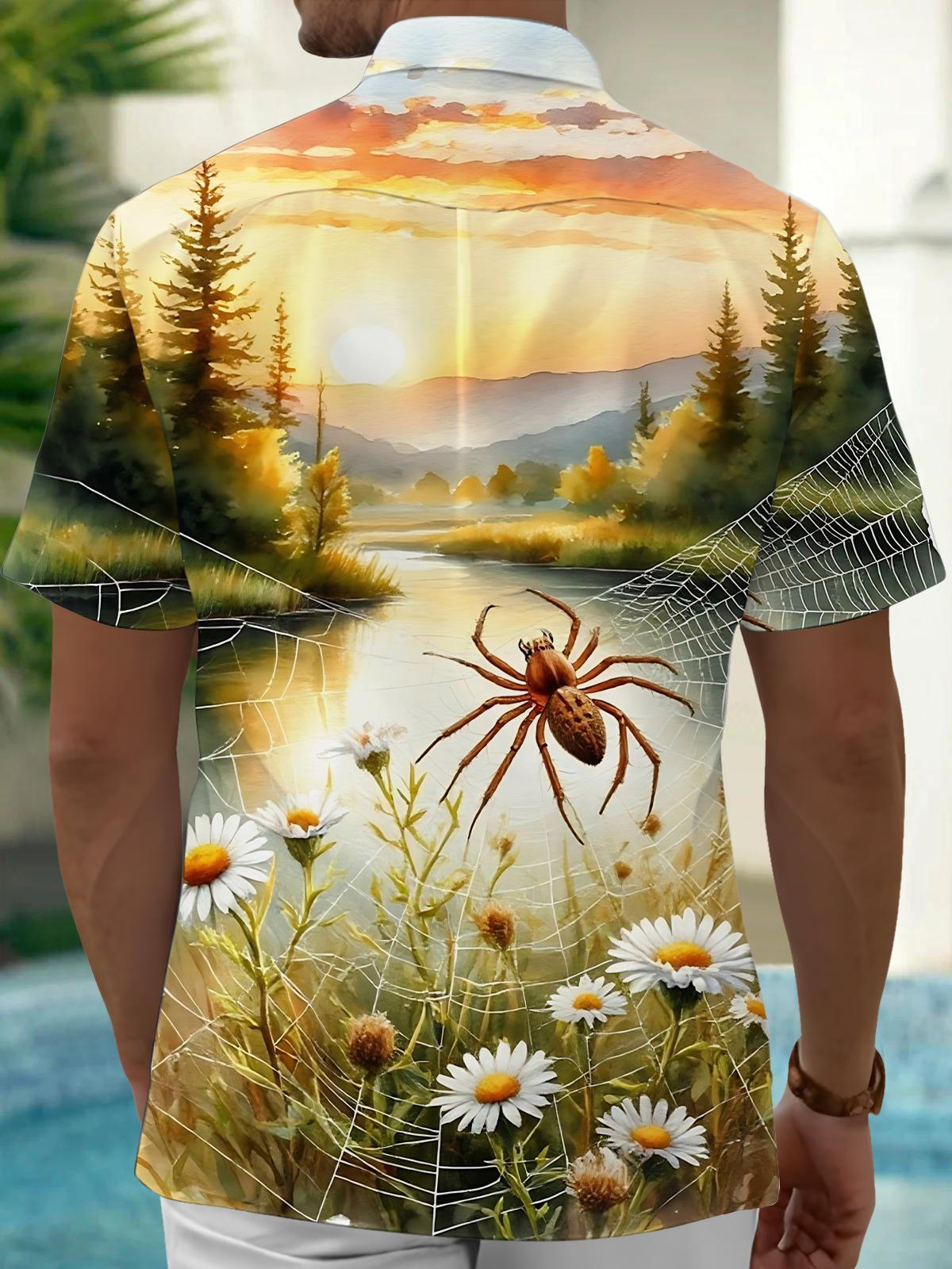 Spider Daisy Landscape Print Men's Pocket Short Sleeve Shirts