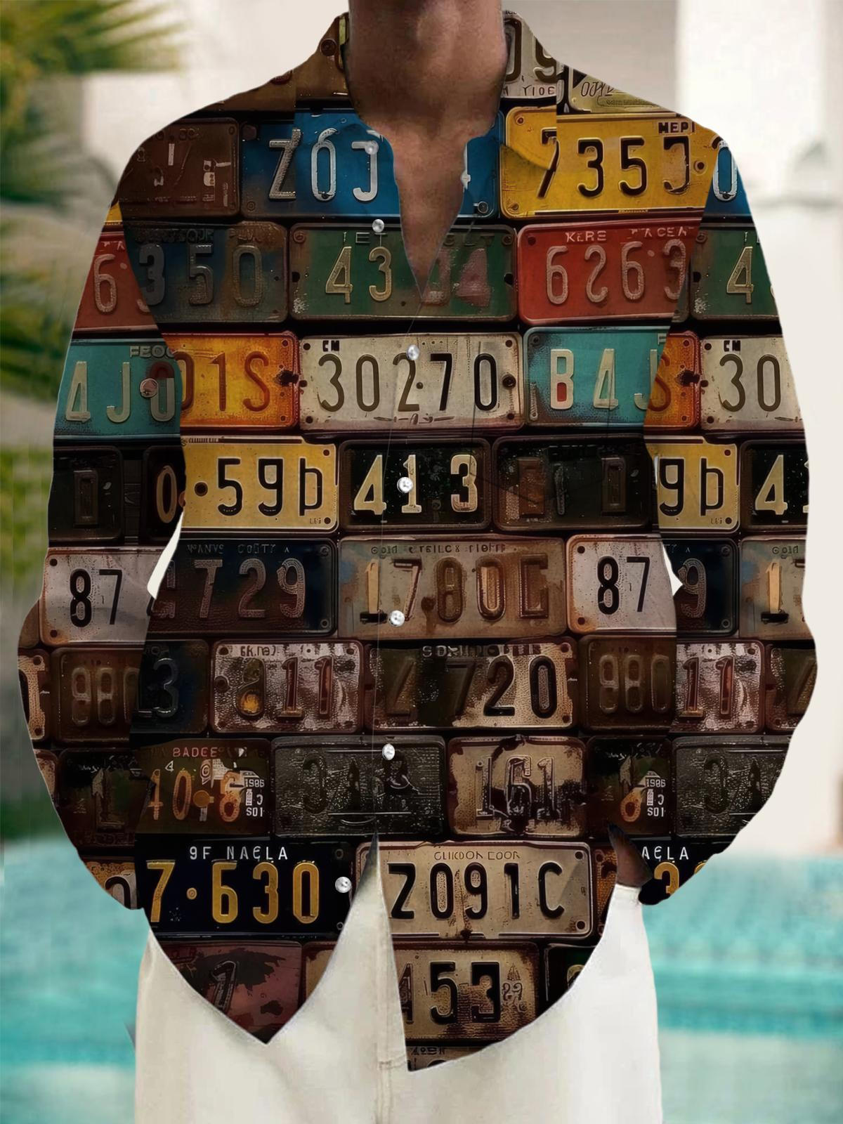 Retro License Plates Men's Pocket Long Sleeve Shirts