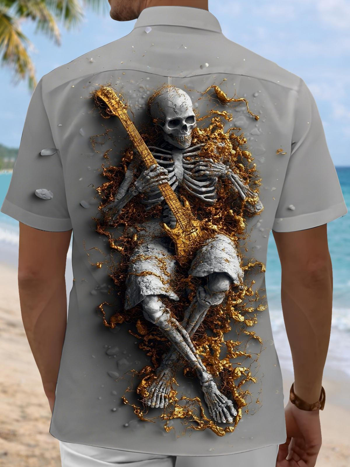 Skull Print Men's Pocket Short Sleeve Shirts