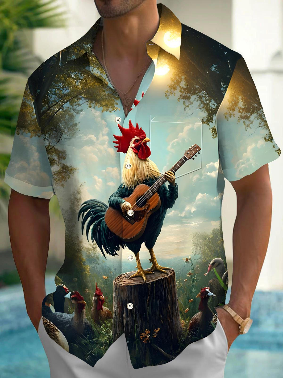 Rooster Guitar Men's Pocket Short Sleeve Shirts