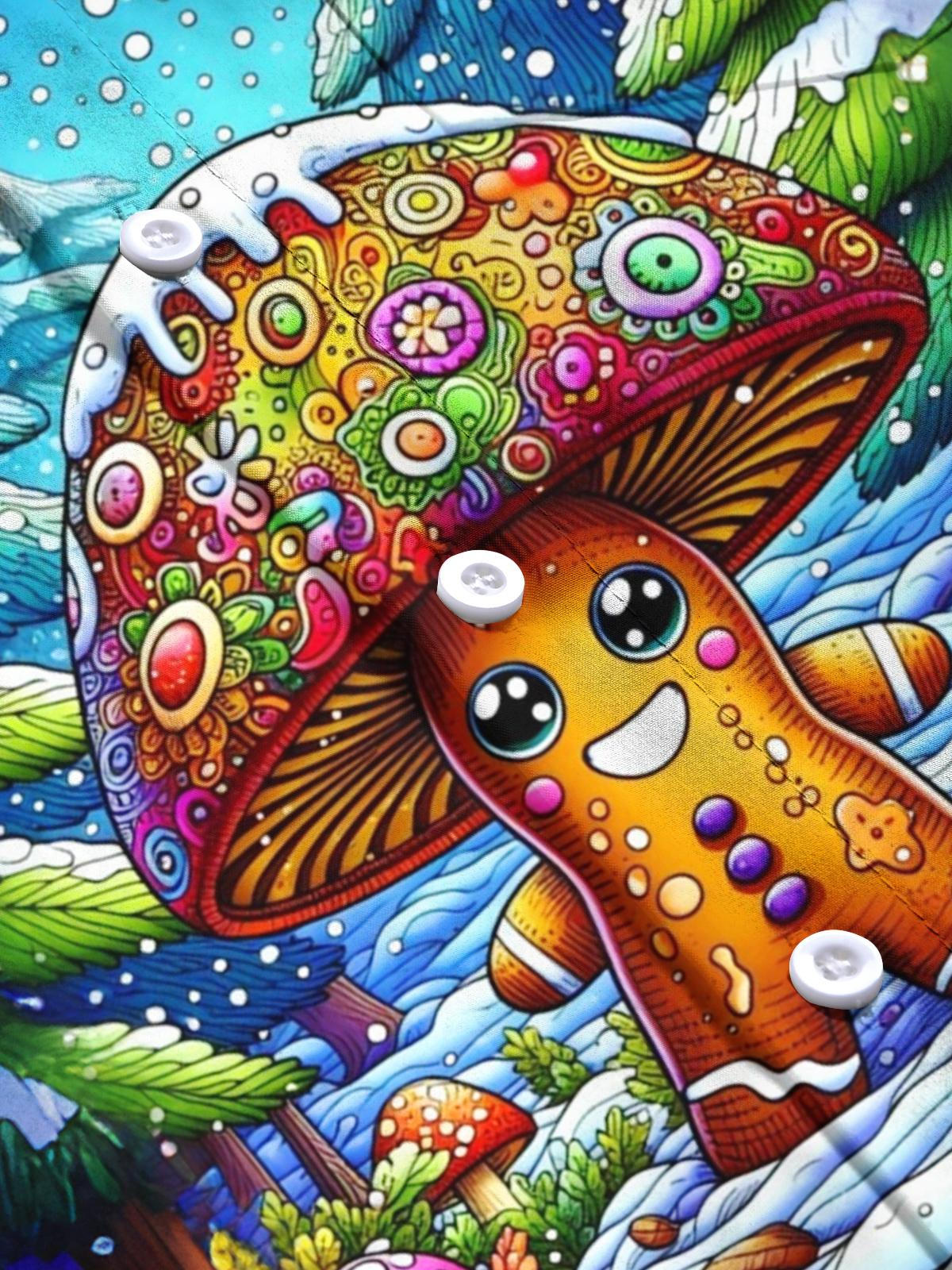 Mushroom Gingerbread Man Print Men's Pocket Short Sleeve Shirts