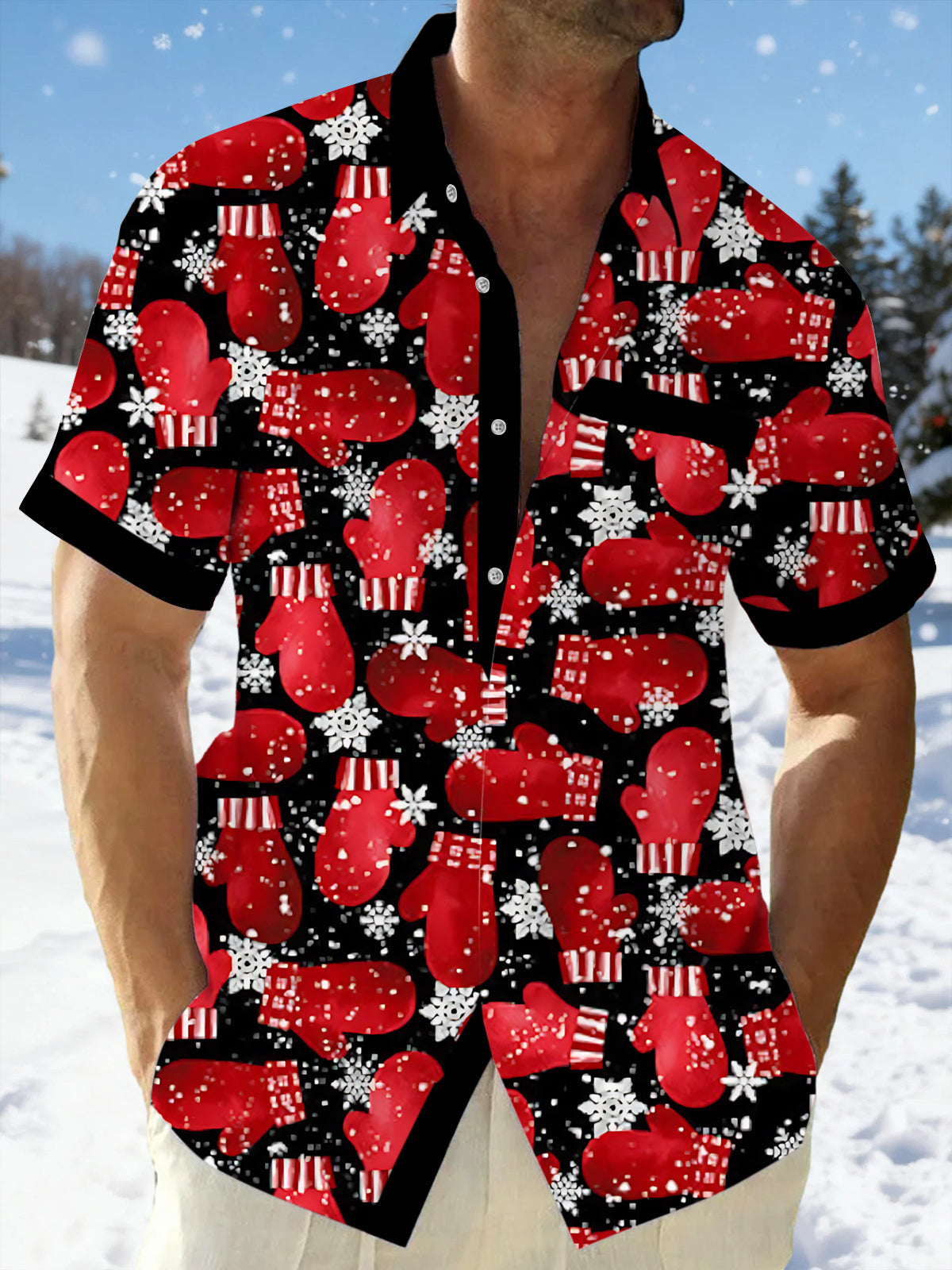 Christmas Red Glove Print Men's Pocket Short Sleeve Shirts