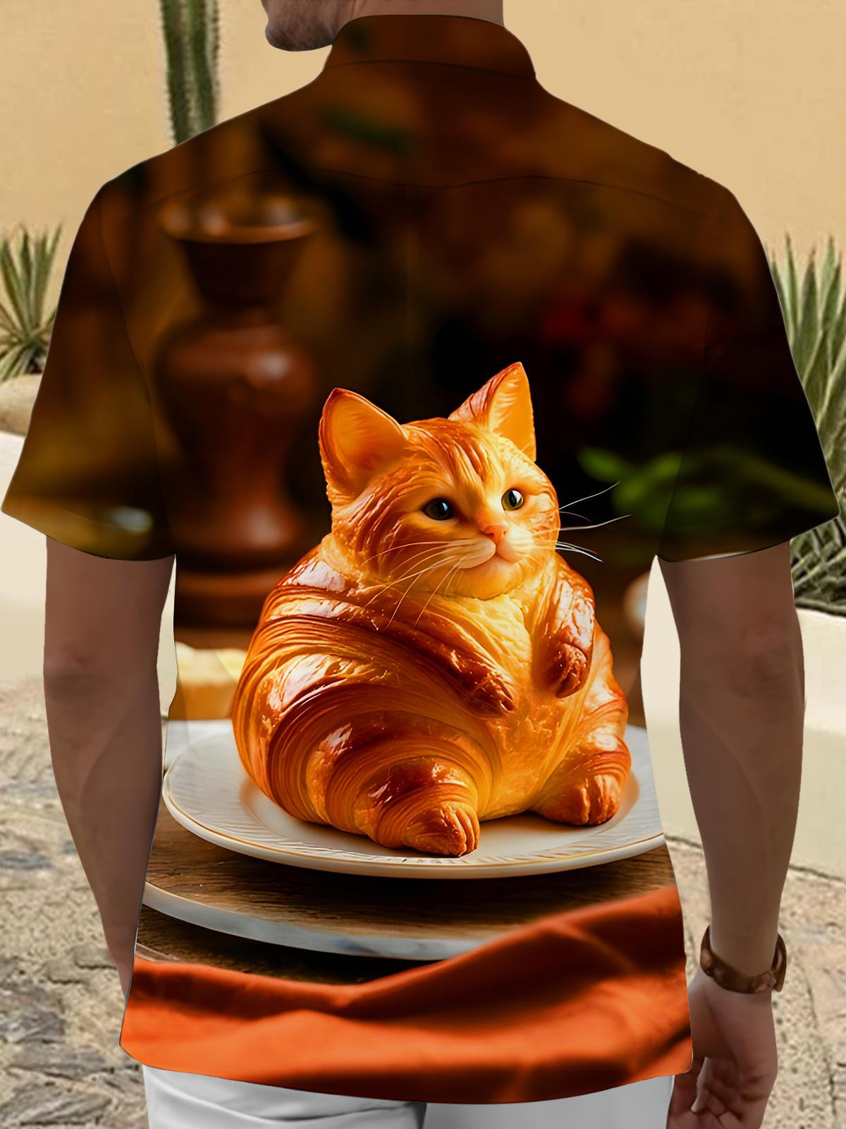 Fun Cat Croissant Men's Pocket Short Sleeve Shirts