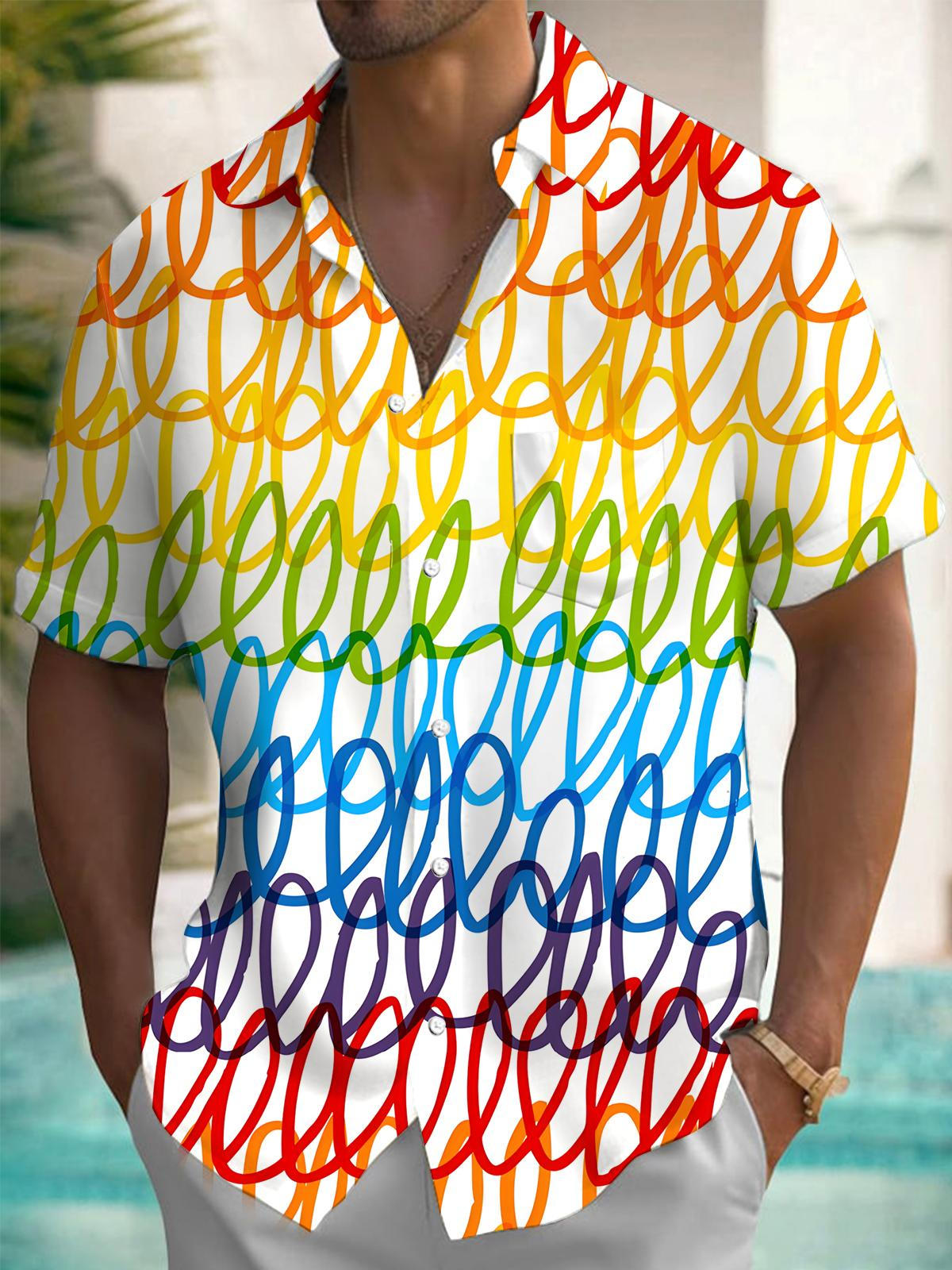 Rainbow Lines Print Men's Pocket Short Sleeve Shirts