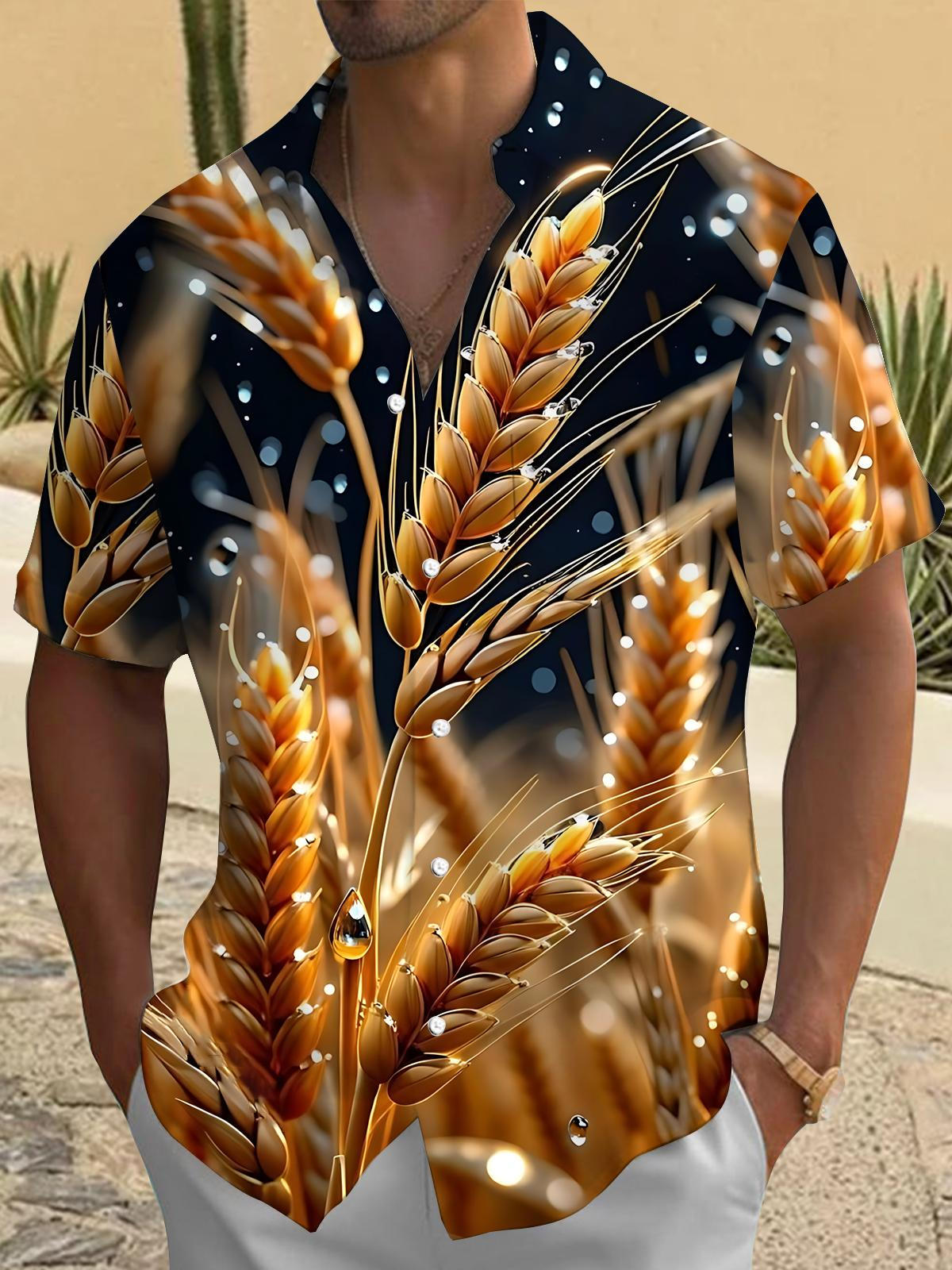 Wheat Print Men's Pocket Short Sleeve Shirts