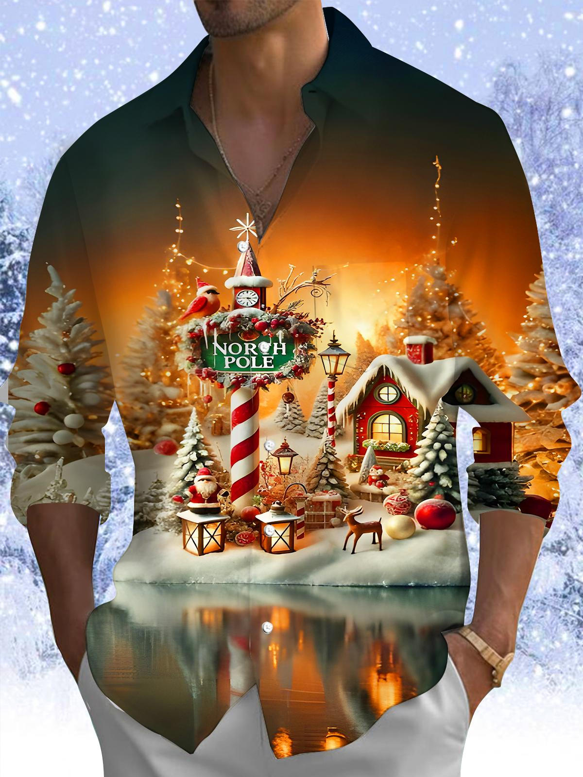 Winter Snow Scene Christmas Tree Xmas Men's Pocket Long Sleeve Shirts
