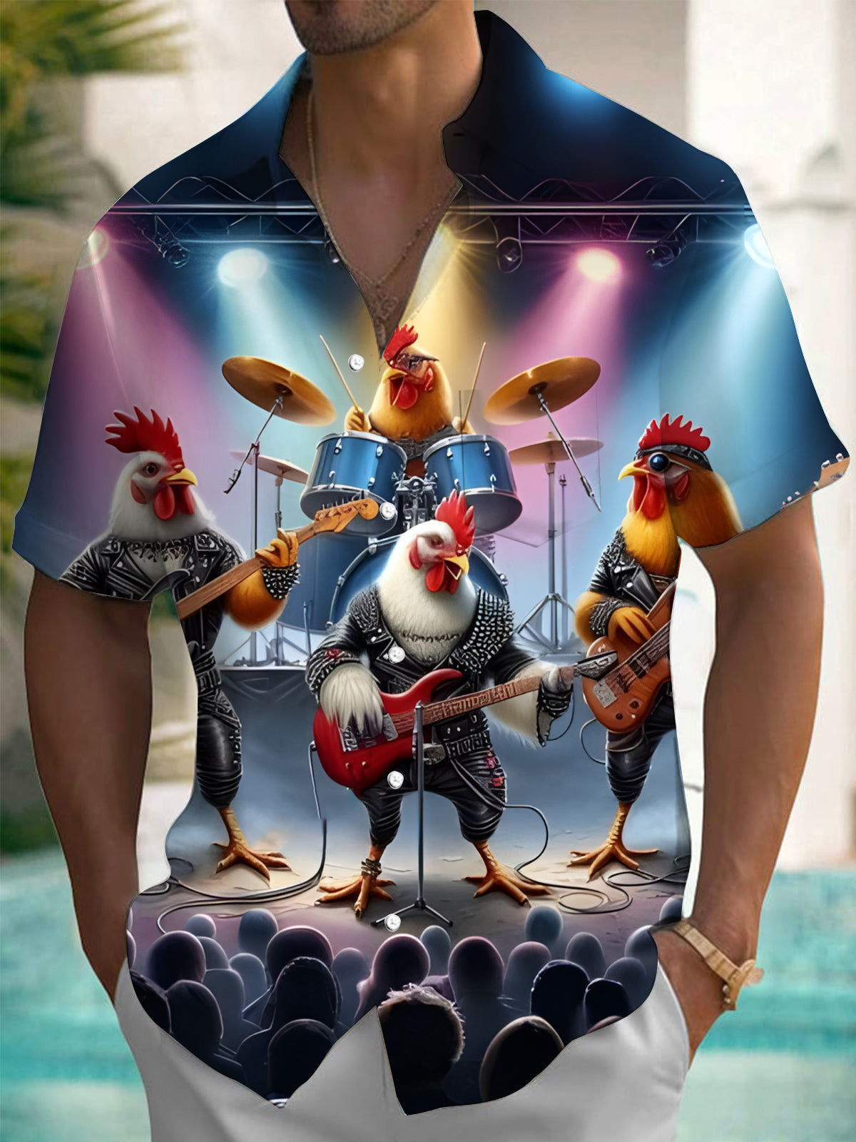 Rock Rooster print Men's Pocket Short Sleeve Shirts