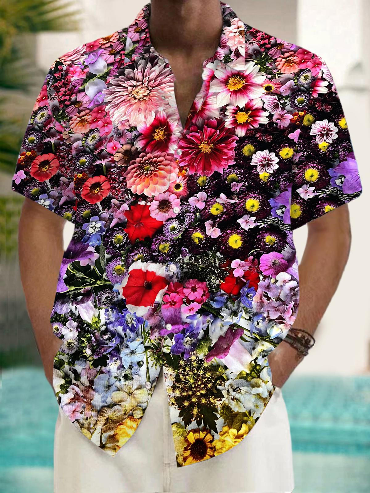 Plant Flower Print Men's Pocket Short Sleeve Shirts