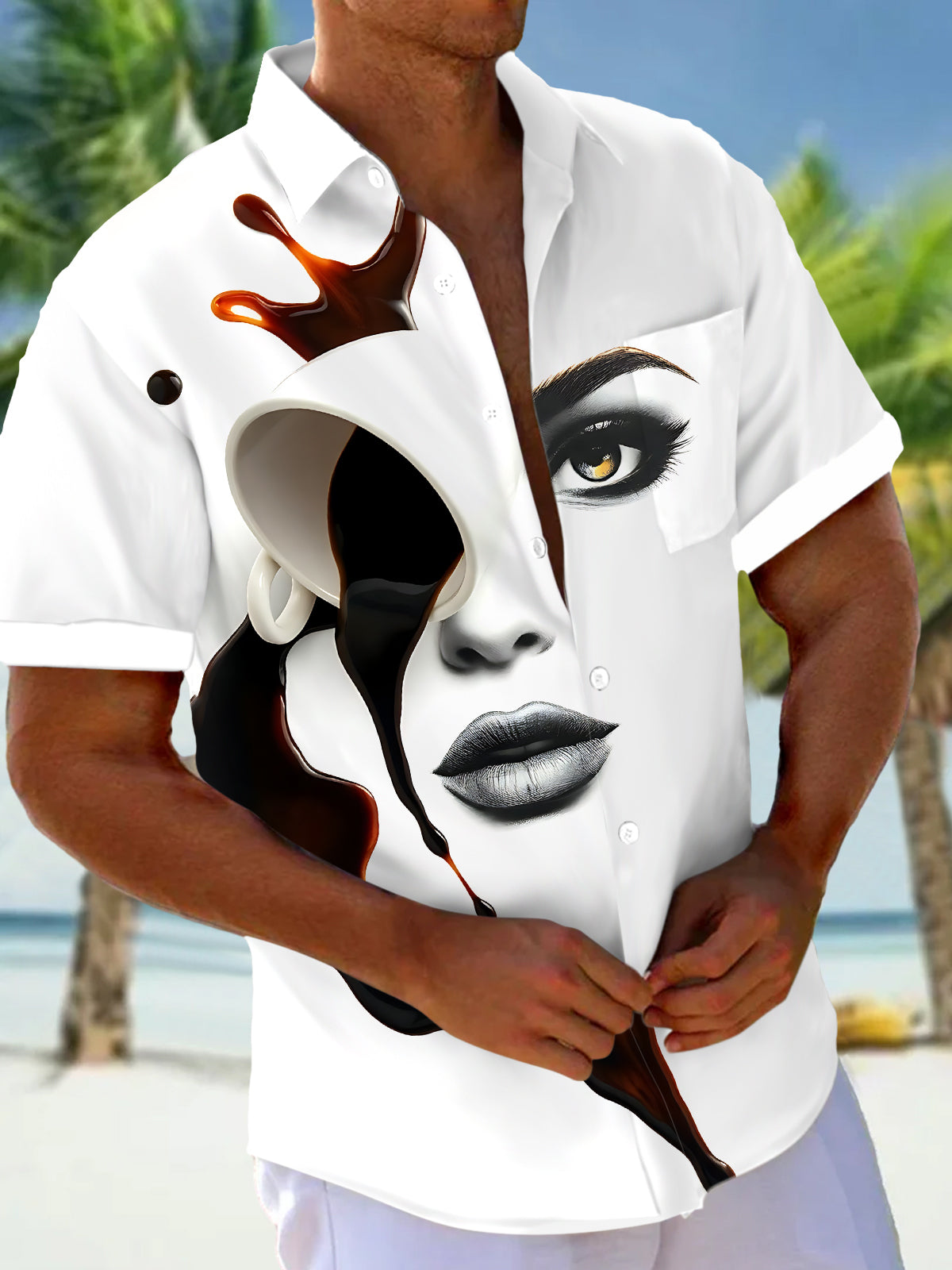 Abstract Face Print Men's Pocket Short Sleeve Shirts