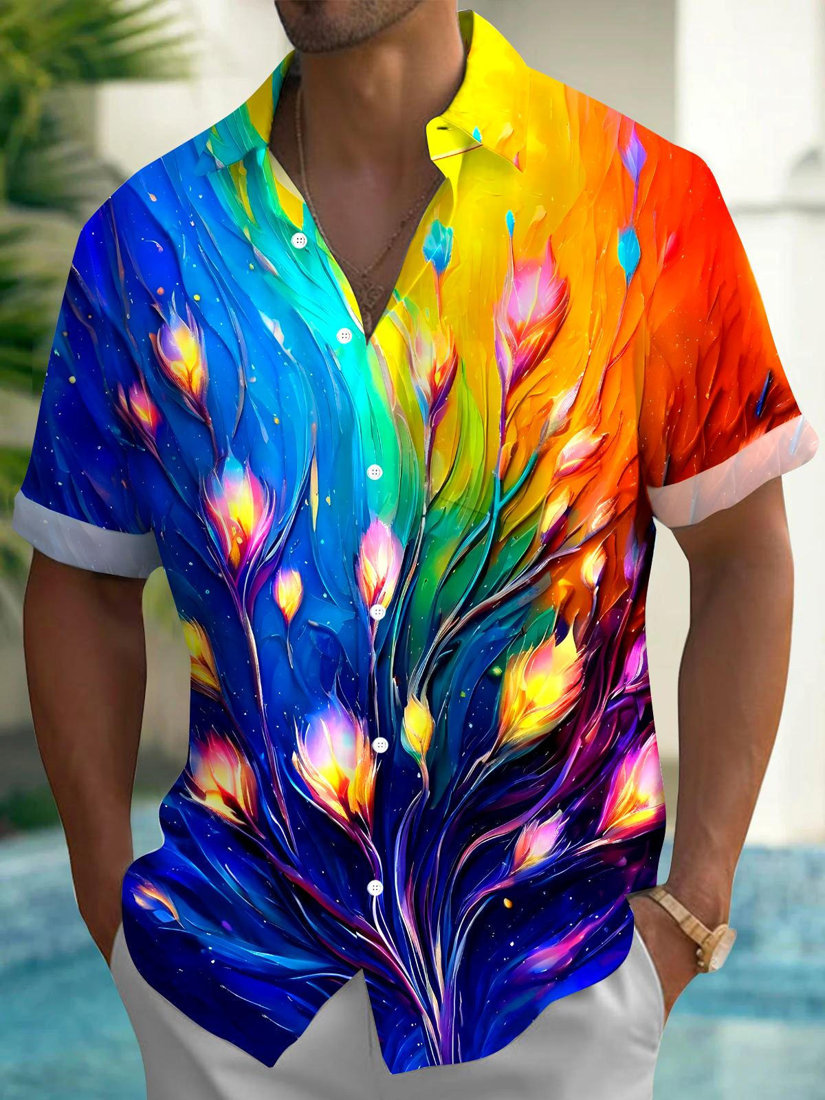 Tie Dye Floral Men's Pocket Short Sleeve Shirts