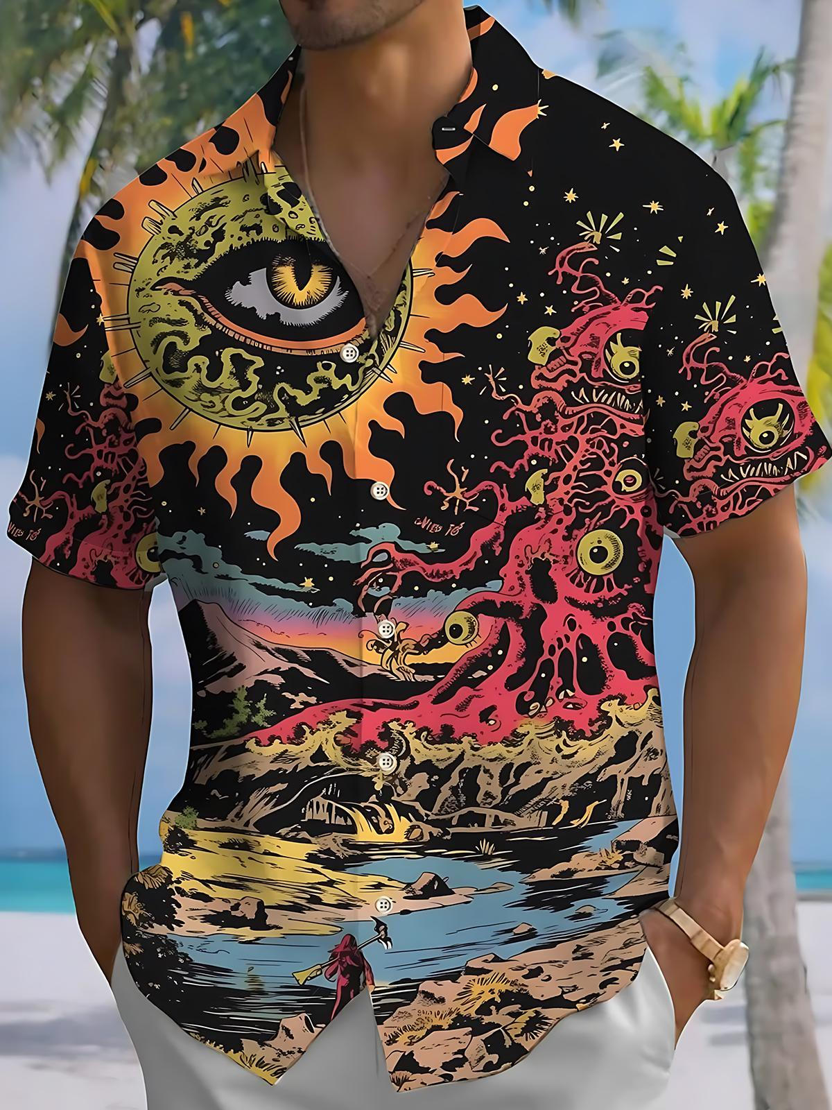 Hawaiian Psychedelic Monster Print Men's Pocket Short Sleeve Shirts