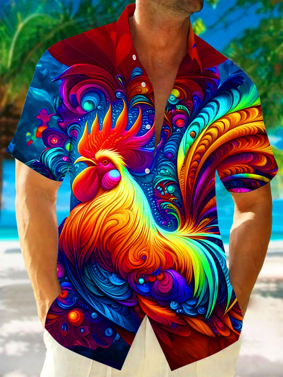 Hawaiian Colorful Rooster Swirl Men's Pocket Short Sleeve Shirts