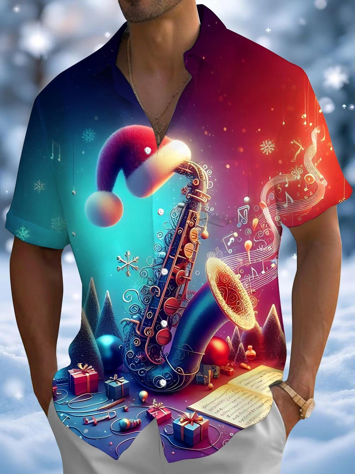 Christmas Saxophone Print Men's Pocket Short Sleeve Shirts