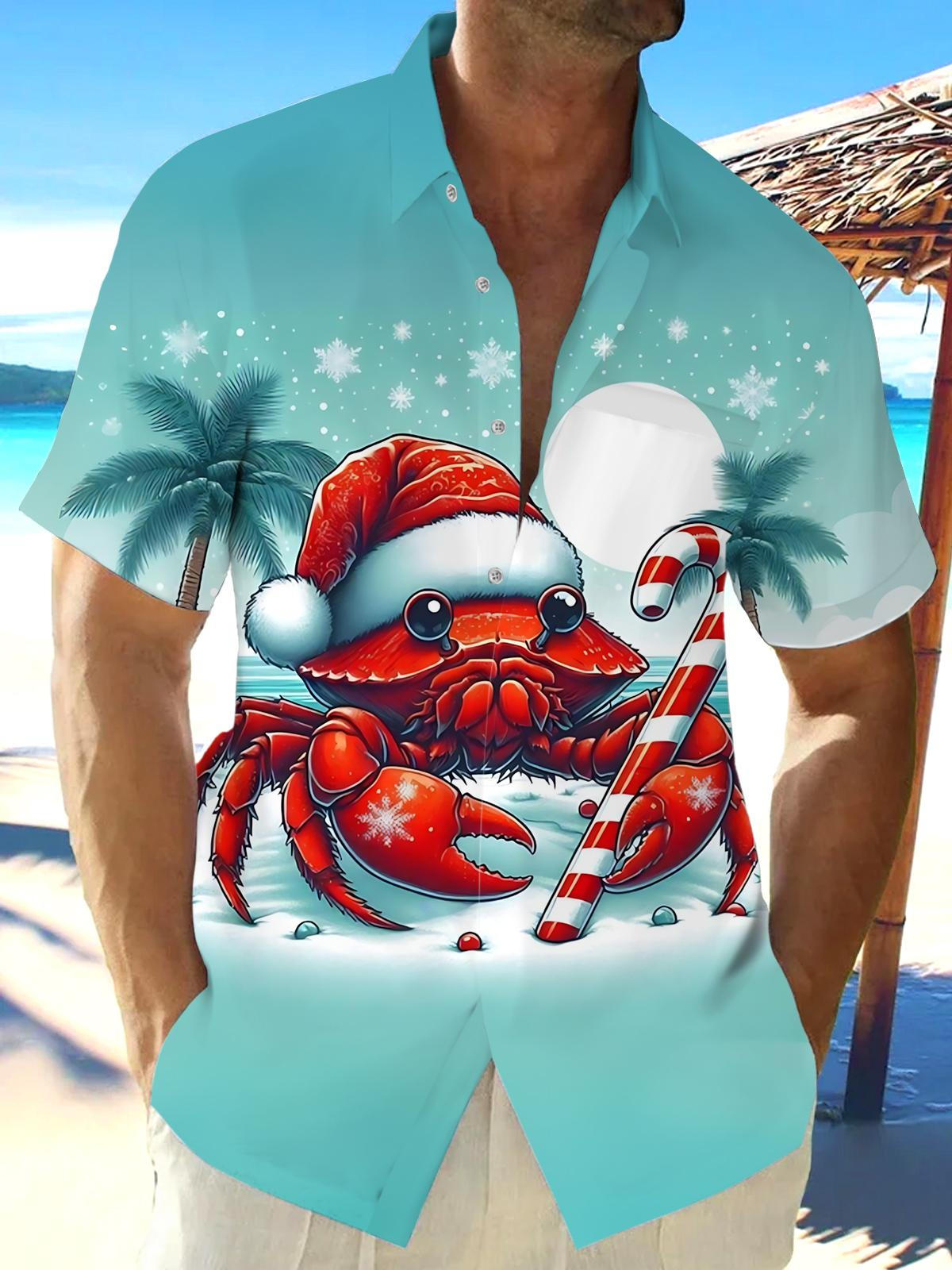 Christmas Crab Print Men's Pocket Short Sleeve Shirts