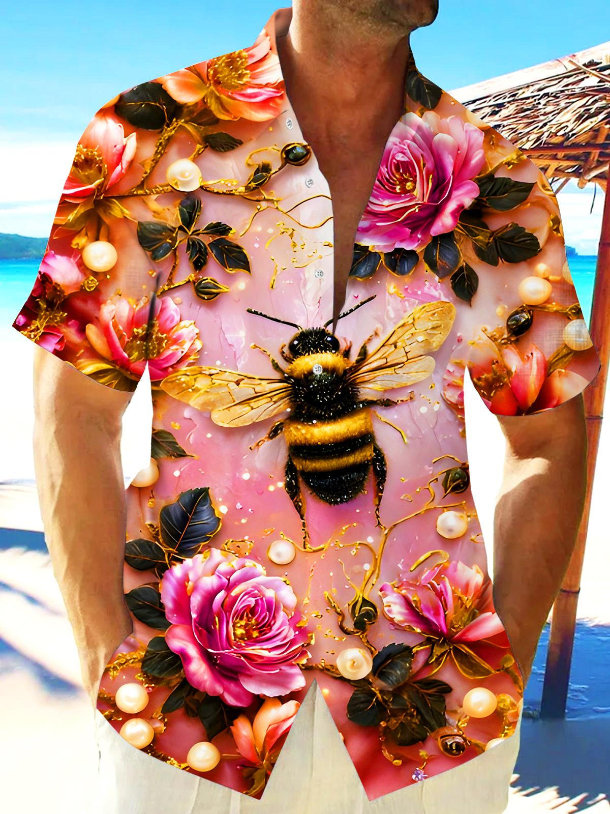 Art Gilded Bee Floral Men's Pocket Short Sleeve Shirts