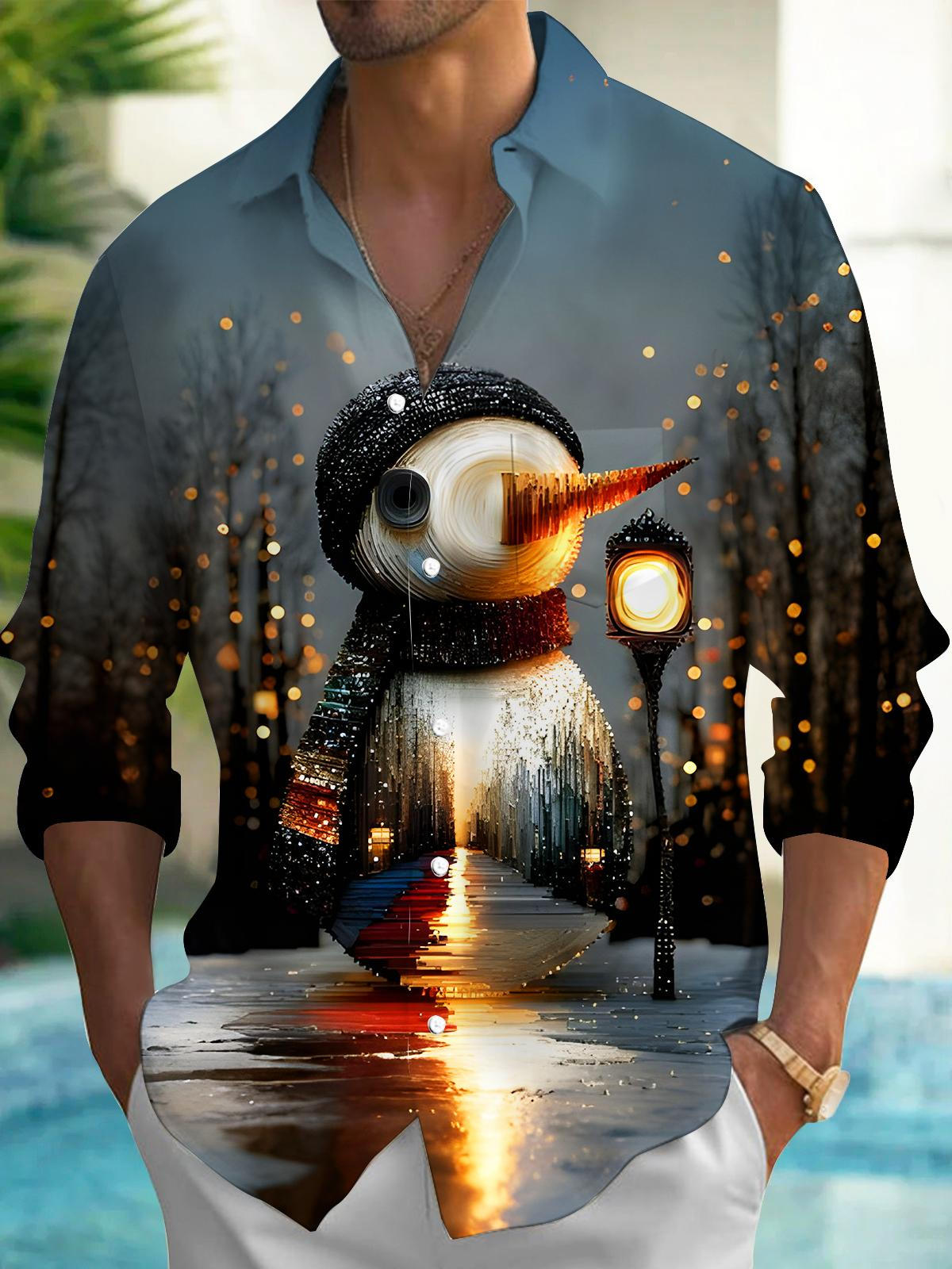 Fun Snowman Street Scene Men's Pocket Long Sleeve Shirts