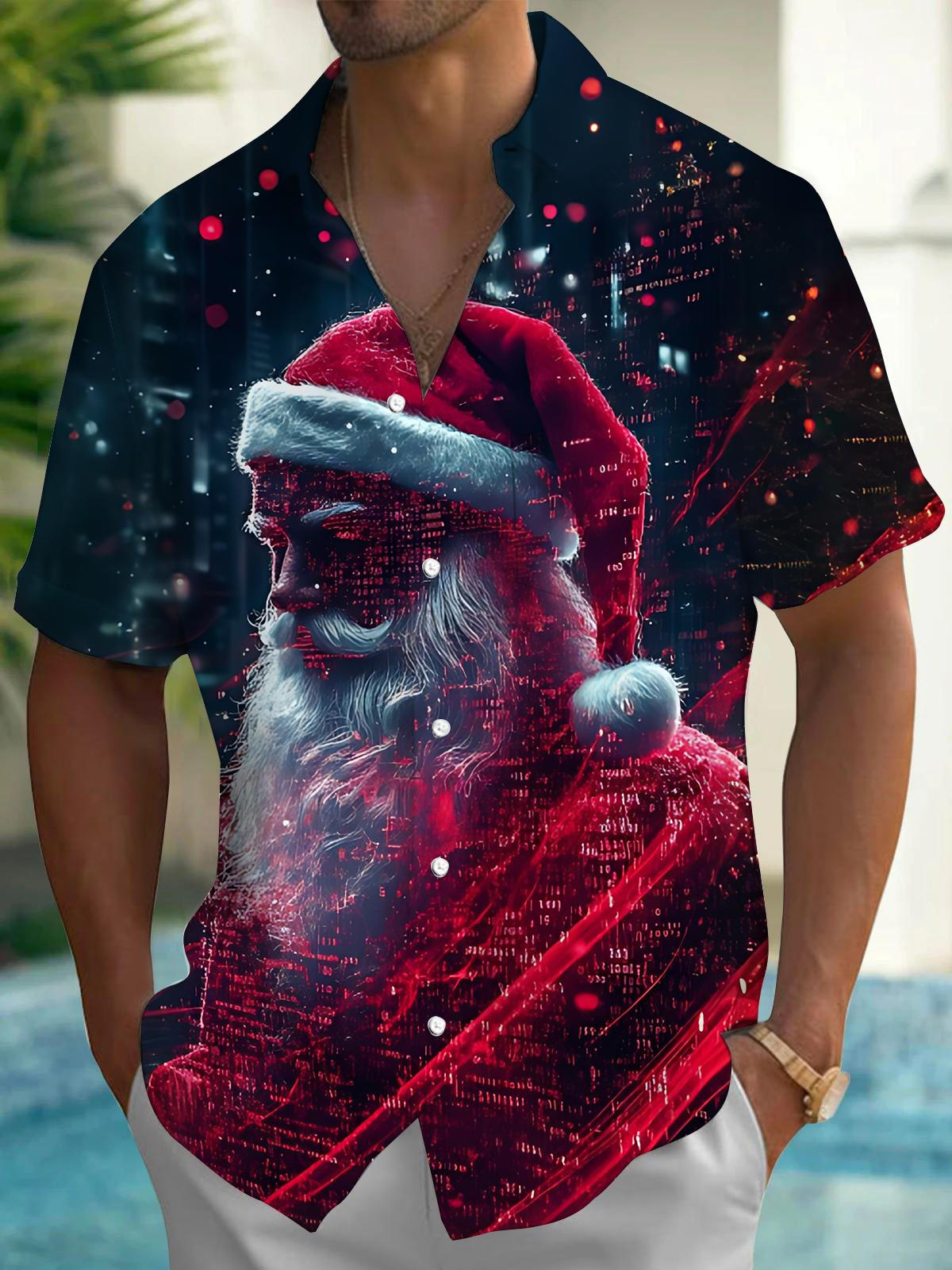 Santa Claus Print Men's Pocket Short Sleeve Shirts