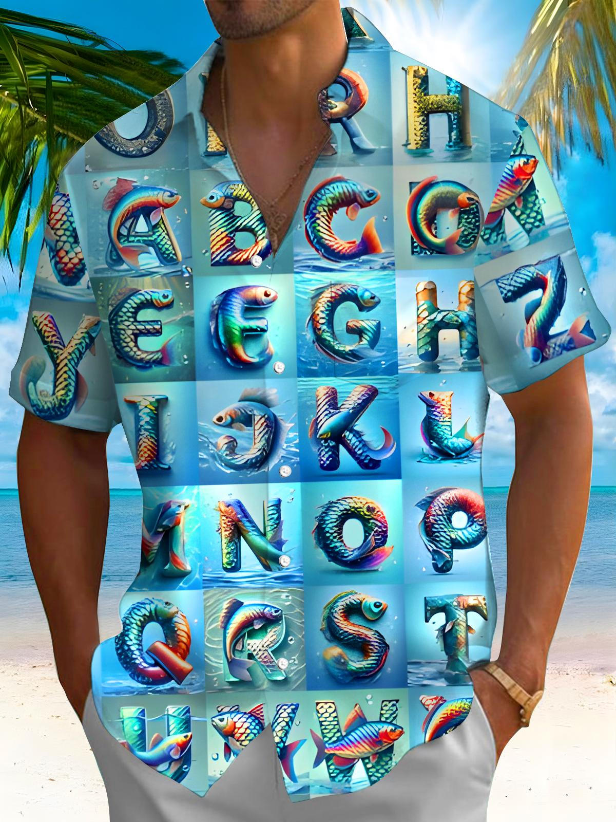 Funny Alphabet Fish Men's Pocket Short Sleeve Shirts