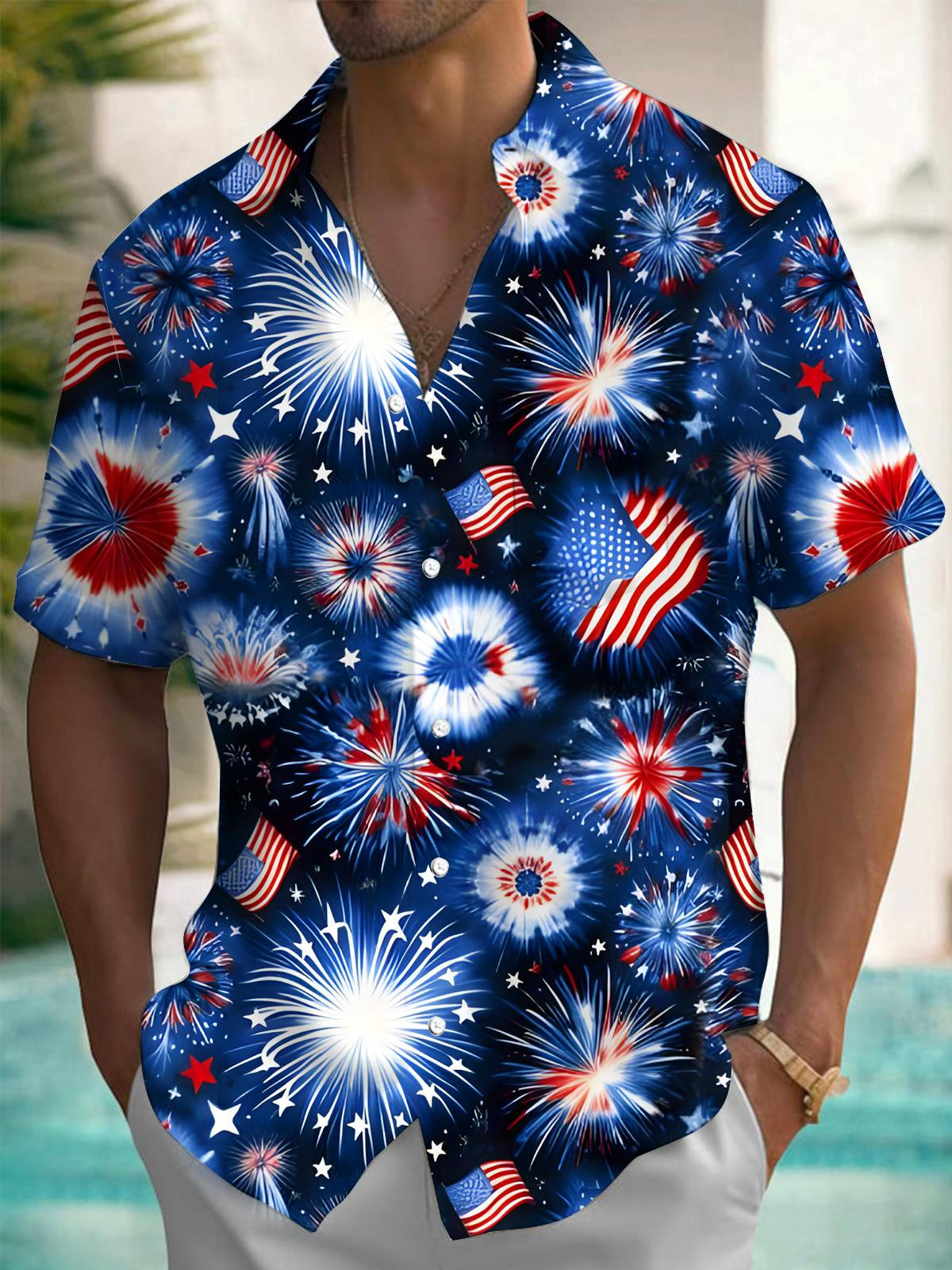 Independence Day Fireworks Print Men's Pocket Short Sleeve Shirts
