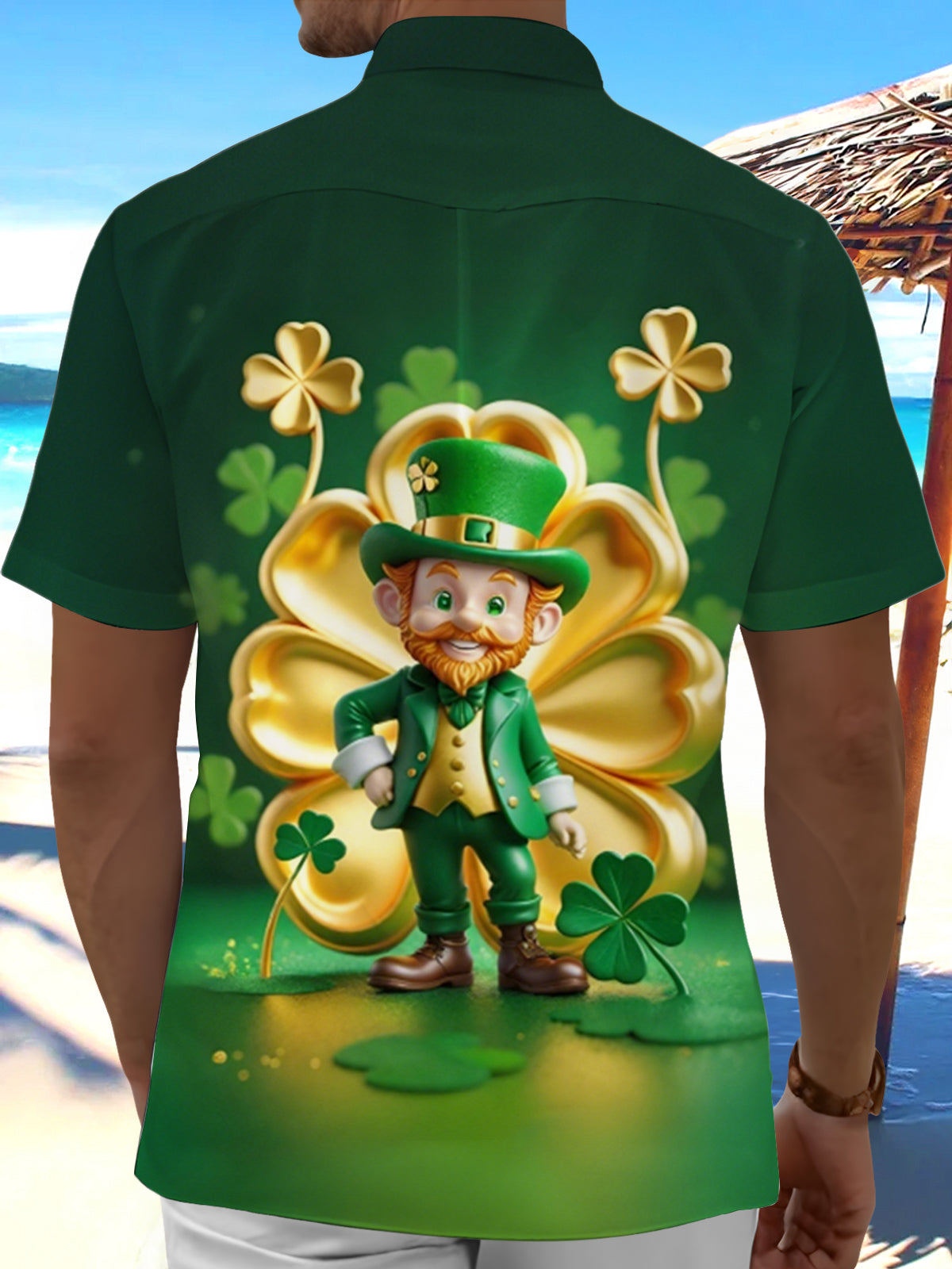 St. Patrick's Day Goblin Four-Leaf Clover Print Men's Pocket Short Sleeve Shirts