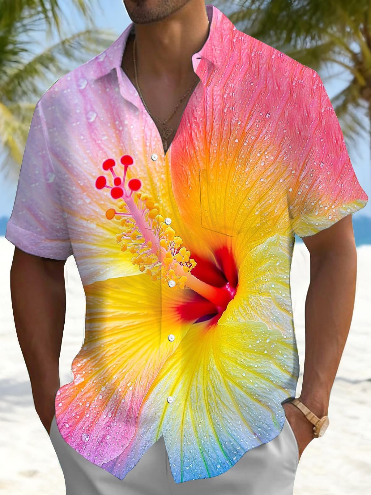 Flower Print Men's Pocket Short Sleeve Shirts