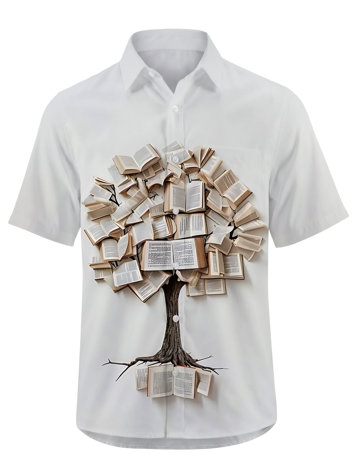 Book Tree Print Men's Pocket Short Sleeve Shirts