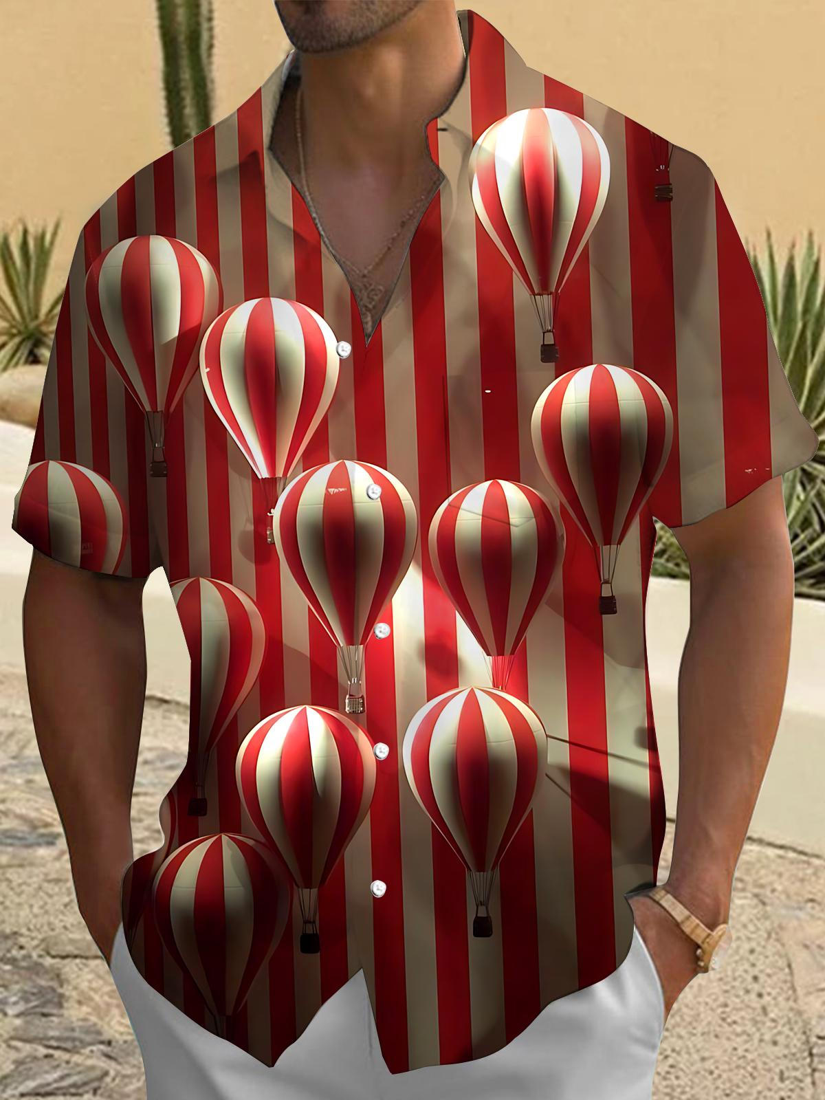 Hot Air Balloon Print Men's Pocket Short Sleeve Shirts