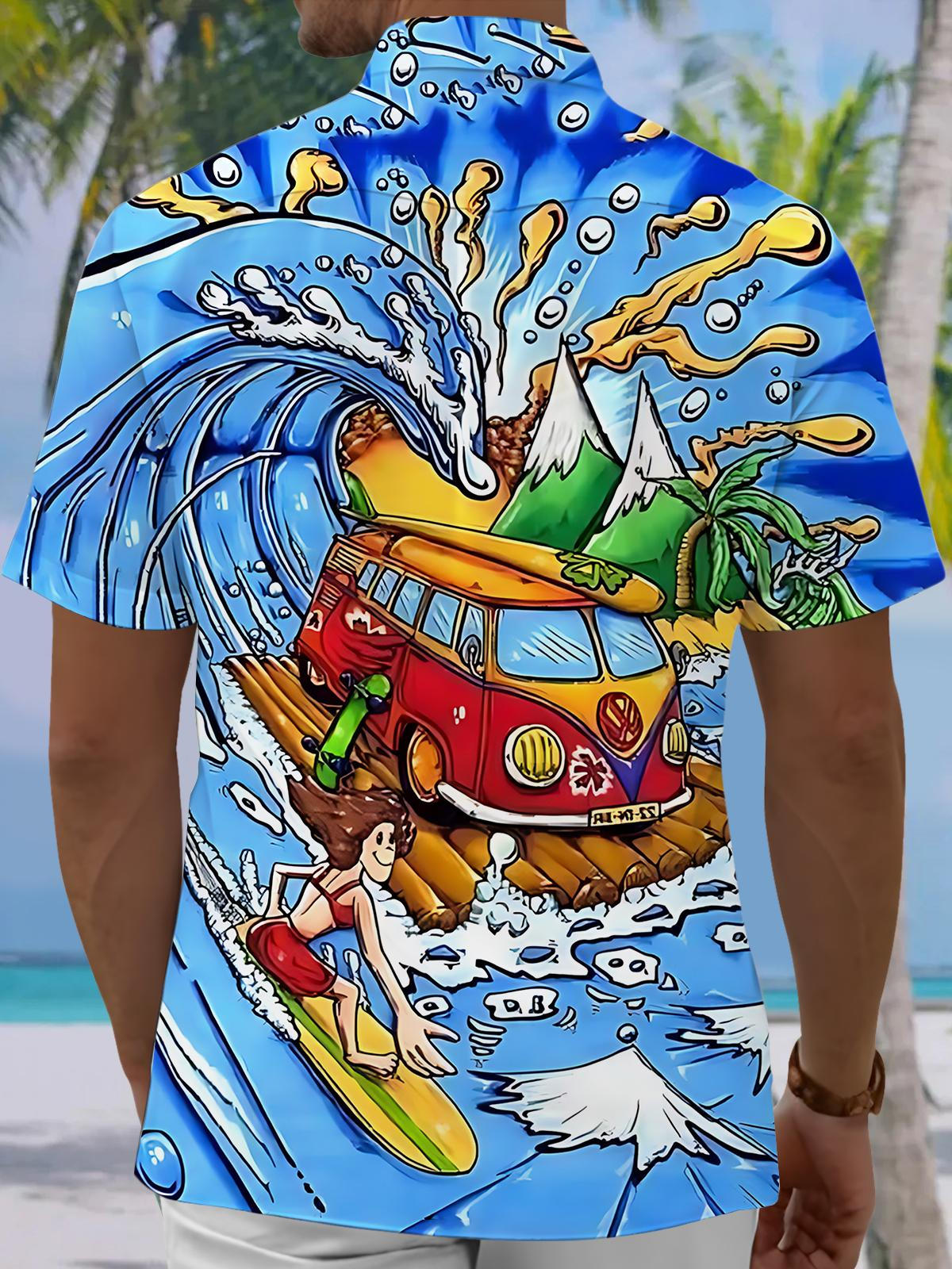 Hawaiian Ocean Car Print Men's Pocket Short Sleeve Shirts