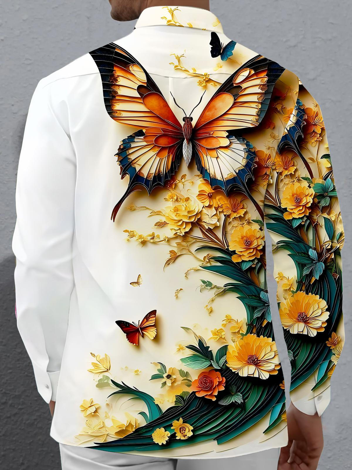 Butterfly Floral Art Relief Men's Pocket Long Sleeve Shirts
