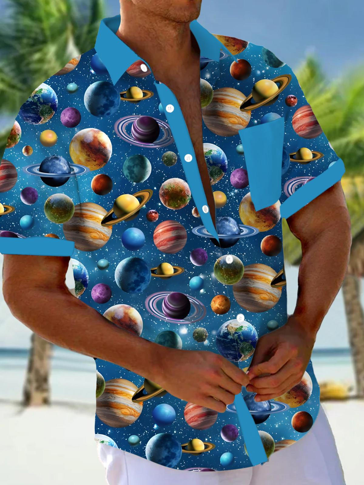 Cosmic Planet Print Men's Pocket Short Sleeve Shirts